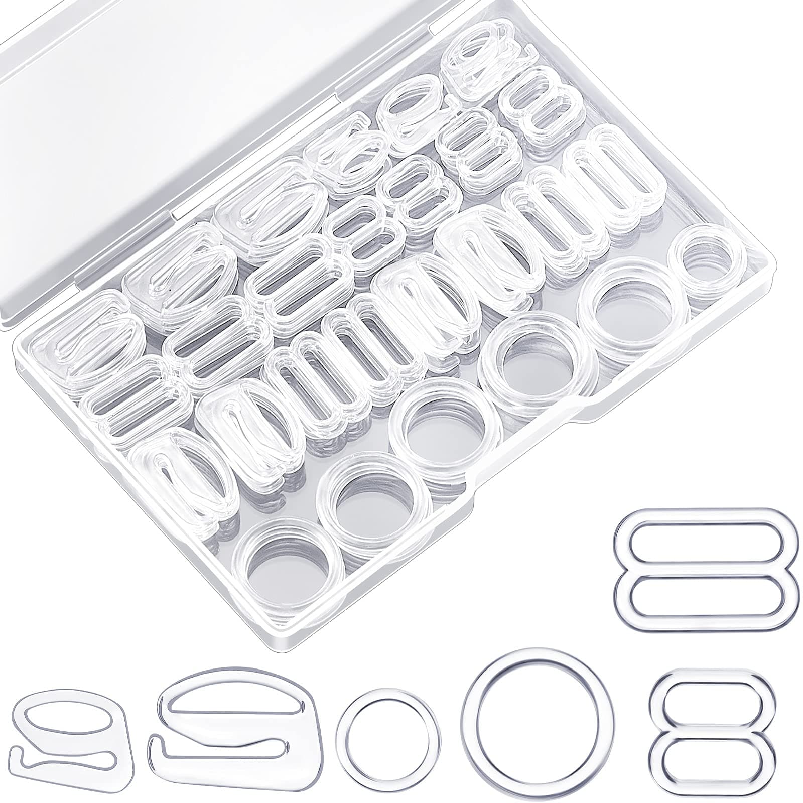 WILLBONDWILLBOND 240 Pieces Swimsuit Bra Hooks Bra Strap Hooks Bra Strap Slide Replacement Bra Strap Slider Nylon Bra Strap Rings for Swimsuit Tops and Lingerie, 3 Styles, 2 Sizes (Clear)