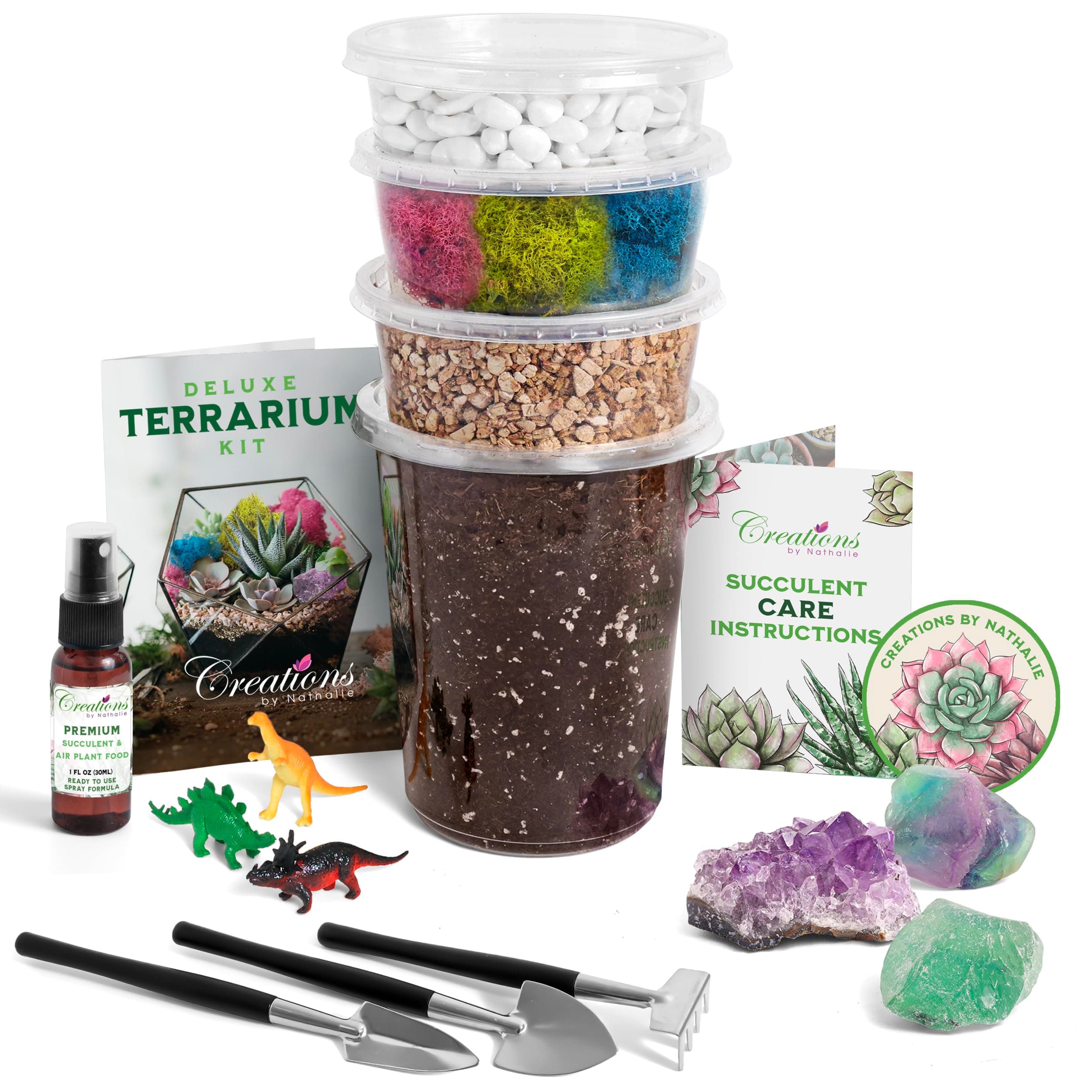 Creations by Nathalie – DIY Large Terrarium Starter Kit with Soil, Moss, Pebbles, Healing Crystal, Tools & Supplies – Terrarium Kit for Adults & Kids, Handcrafted in USA