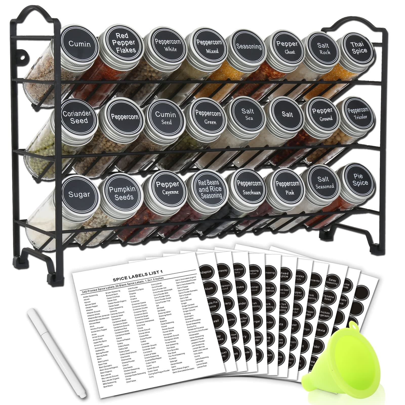 SWOMMOLY 3 Tier Spice Rack Organizer with 24 Empty Round Spice Jars, 396 Spice Labels, Funnel and Chalk Marker Complete Set, Black