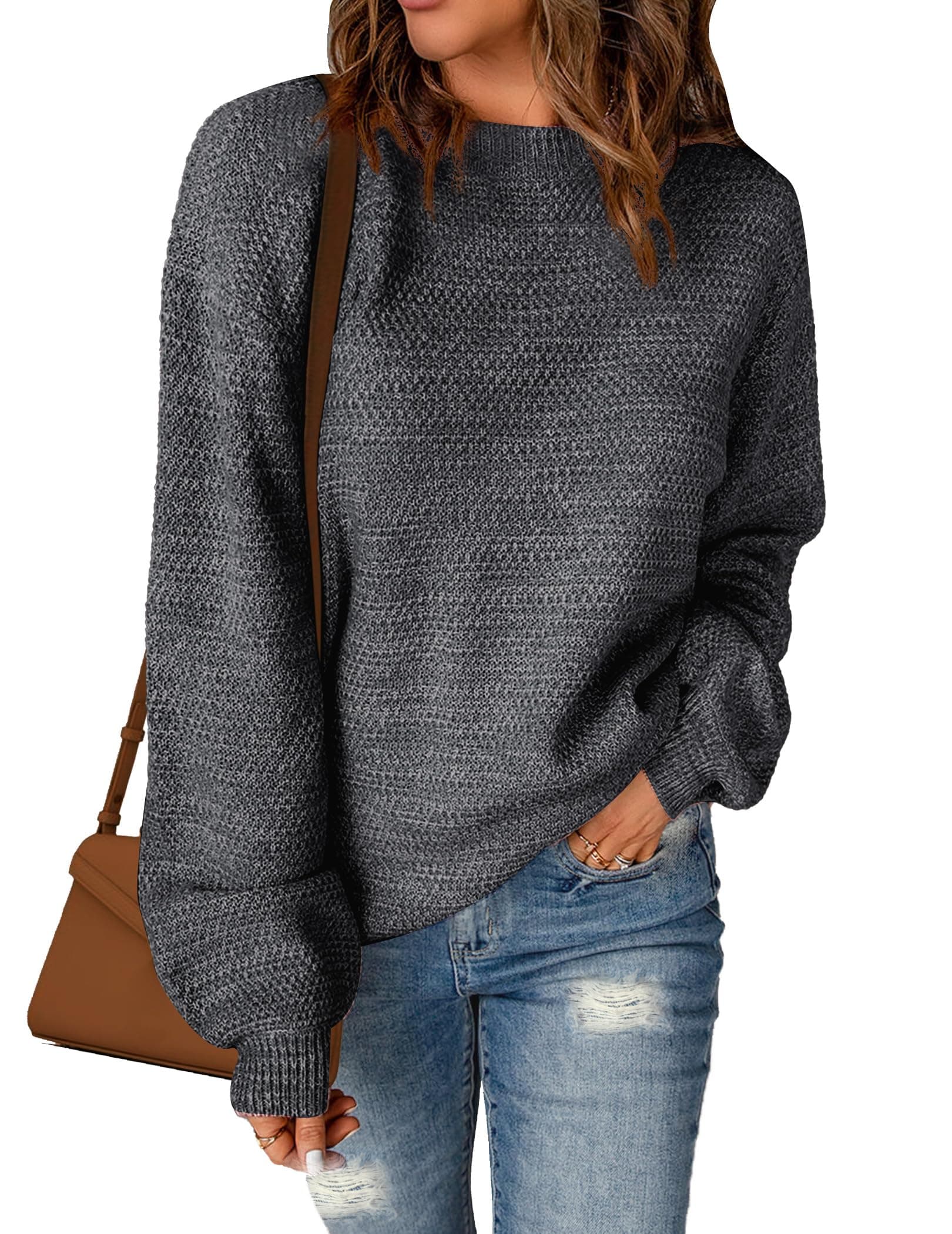 SucolanOversized Sweaters for Women Heathered Long Sleeve Crew Neck Pullover Knit Sweater Casual Fall Tops 2023 Fashion