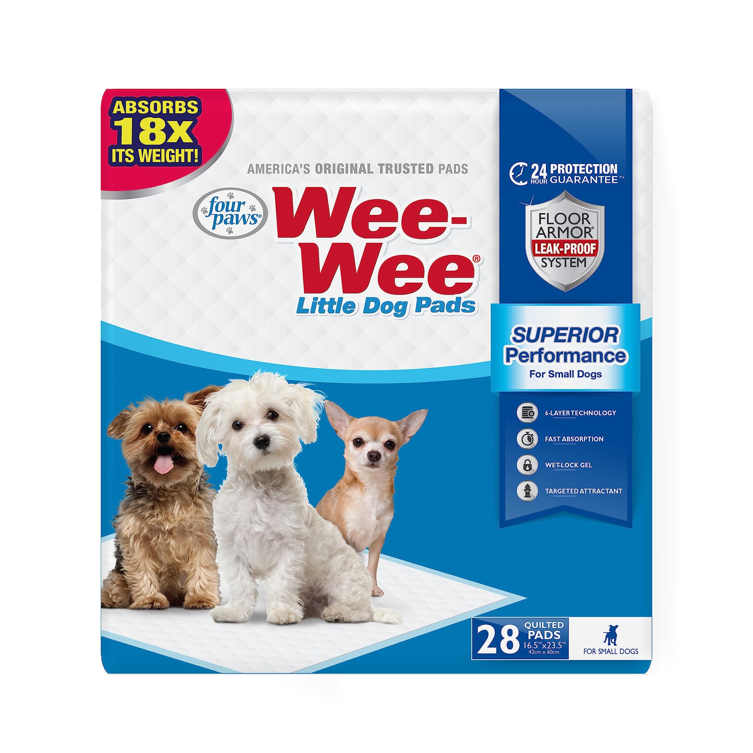 Four Paws Wee-Wee Superior Performance Pee Pads for Dogs & Puppies, with 6-Layer Leak Proof Technology, for House Training – Large, 42cm x 60cm (16.5" x 23.5"), (28 Count)