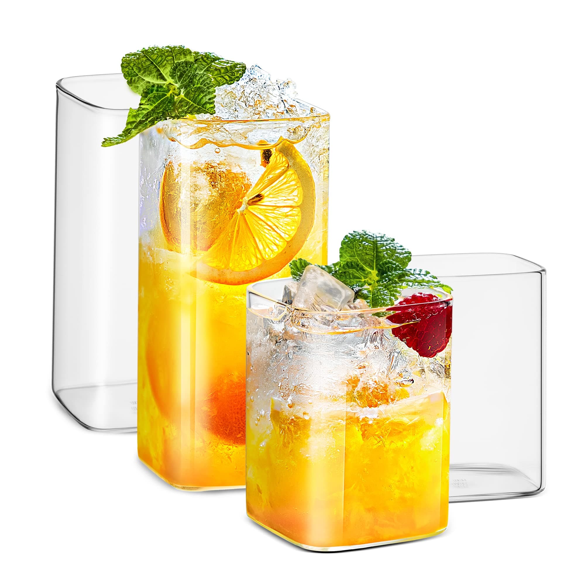 LUXU Drinking Glasses 8 oz Set of 2,Thin Square Glasses 13 oz Set of 2,Elegant Bar Glassware For Water,Juice,Beer, Drinks,and Cocktails and Mixed Drinks,Lead-Free Square Glass,Glass Drink Tumblers