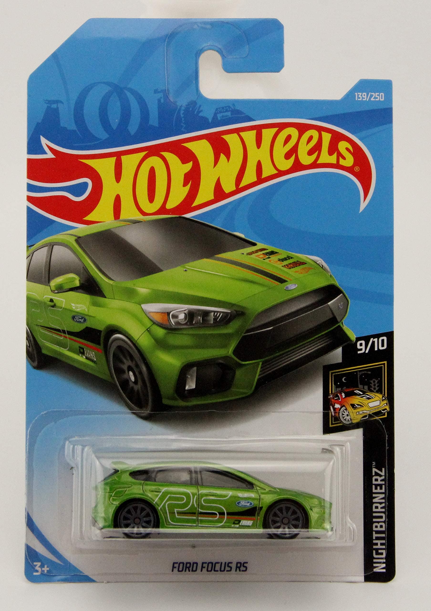 Hot Wheels Basic Mainline Nightburnerz: Ford Focus RS (Green) - International Card.