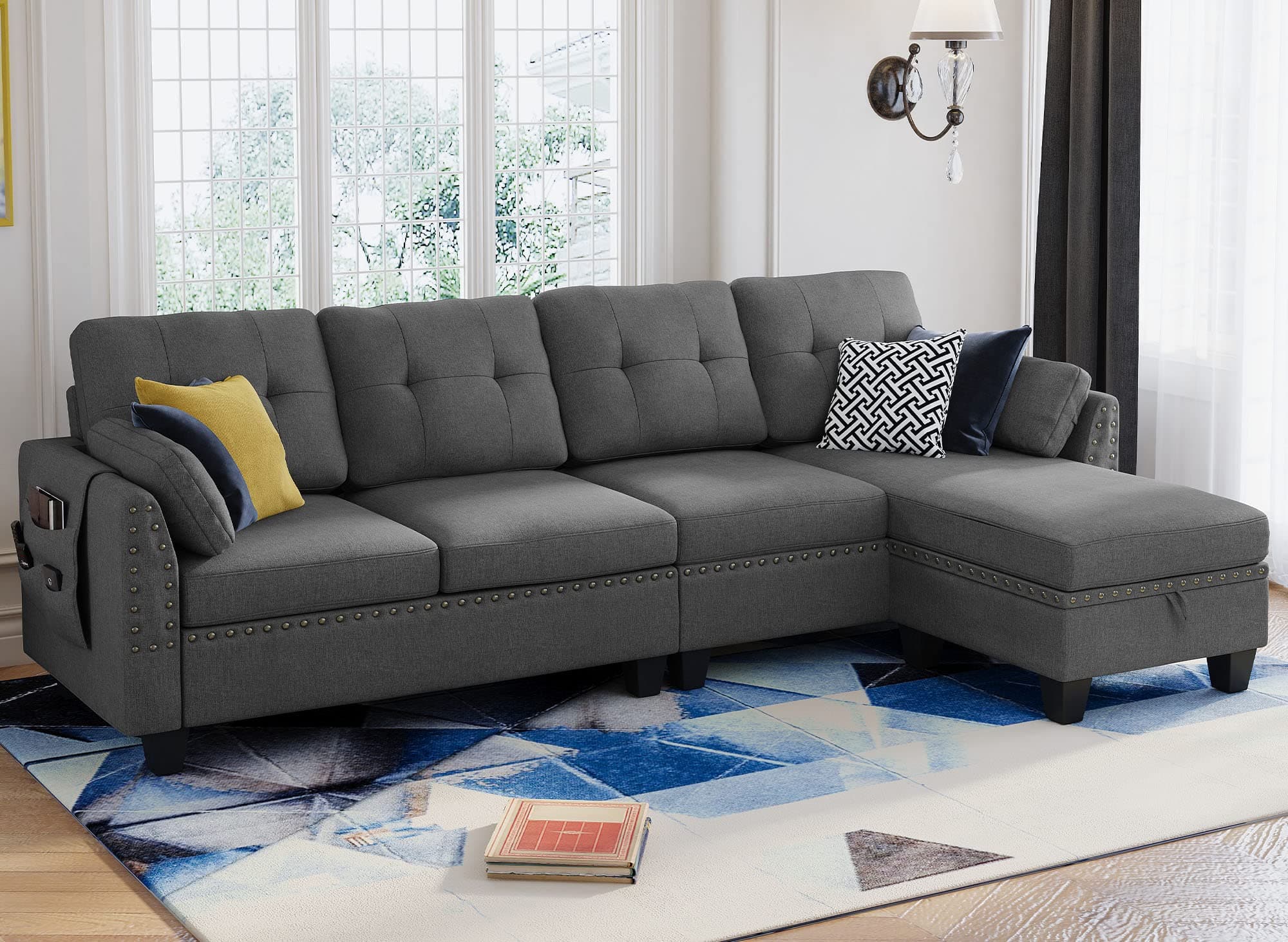 HONBAY Convertible Sectional Sofa L Shaped Couch Reversible Sectional Couches for Living Room,Grey