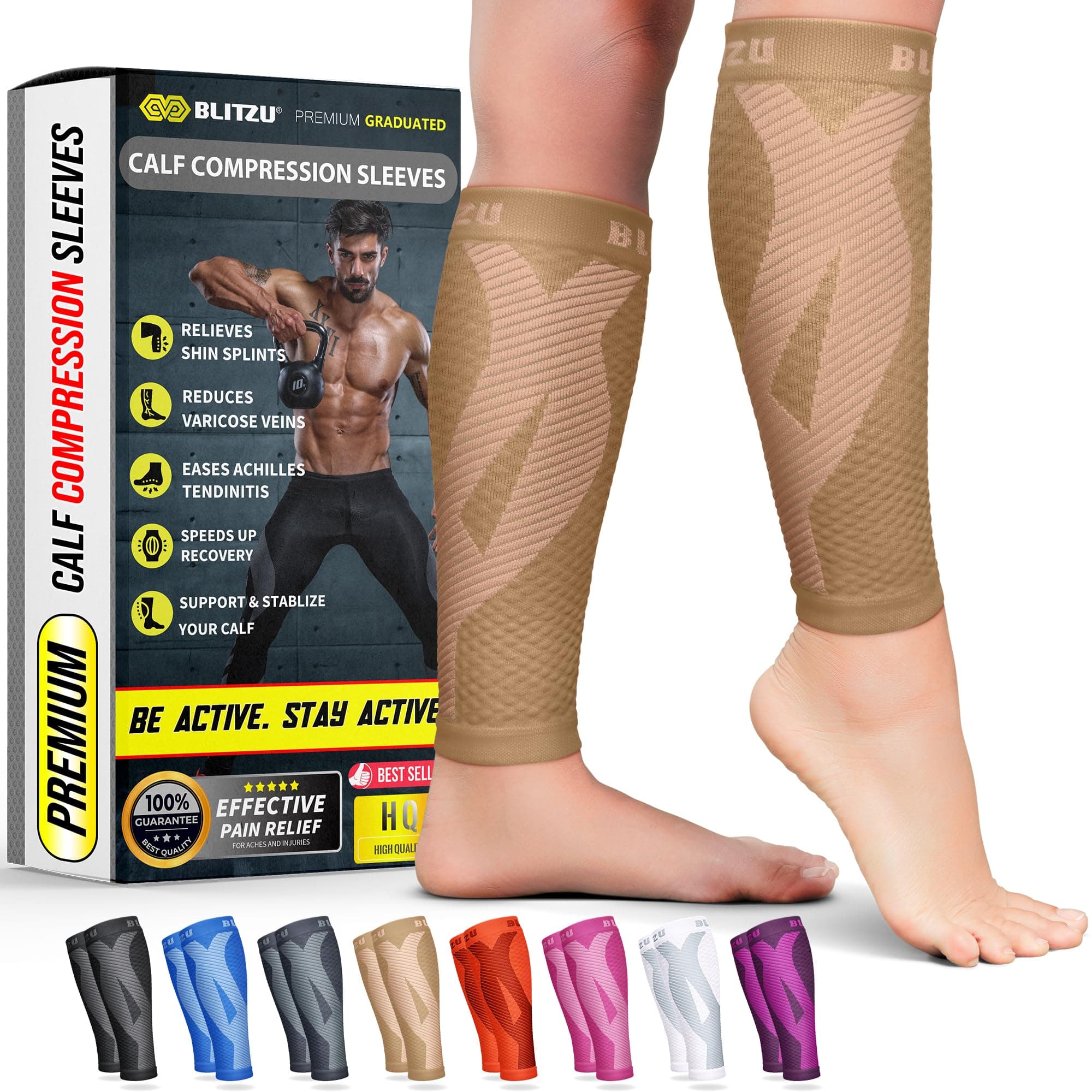 BLITZU Calf Compression Sleeve for Men & Women Footless Compression Socks Support Runners Leg Sleeve Shin Splints Pain Relief