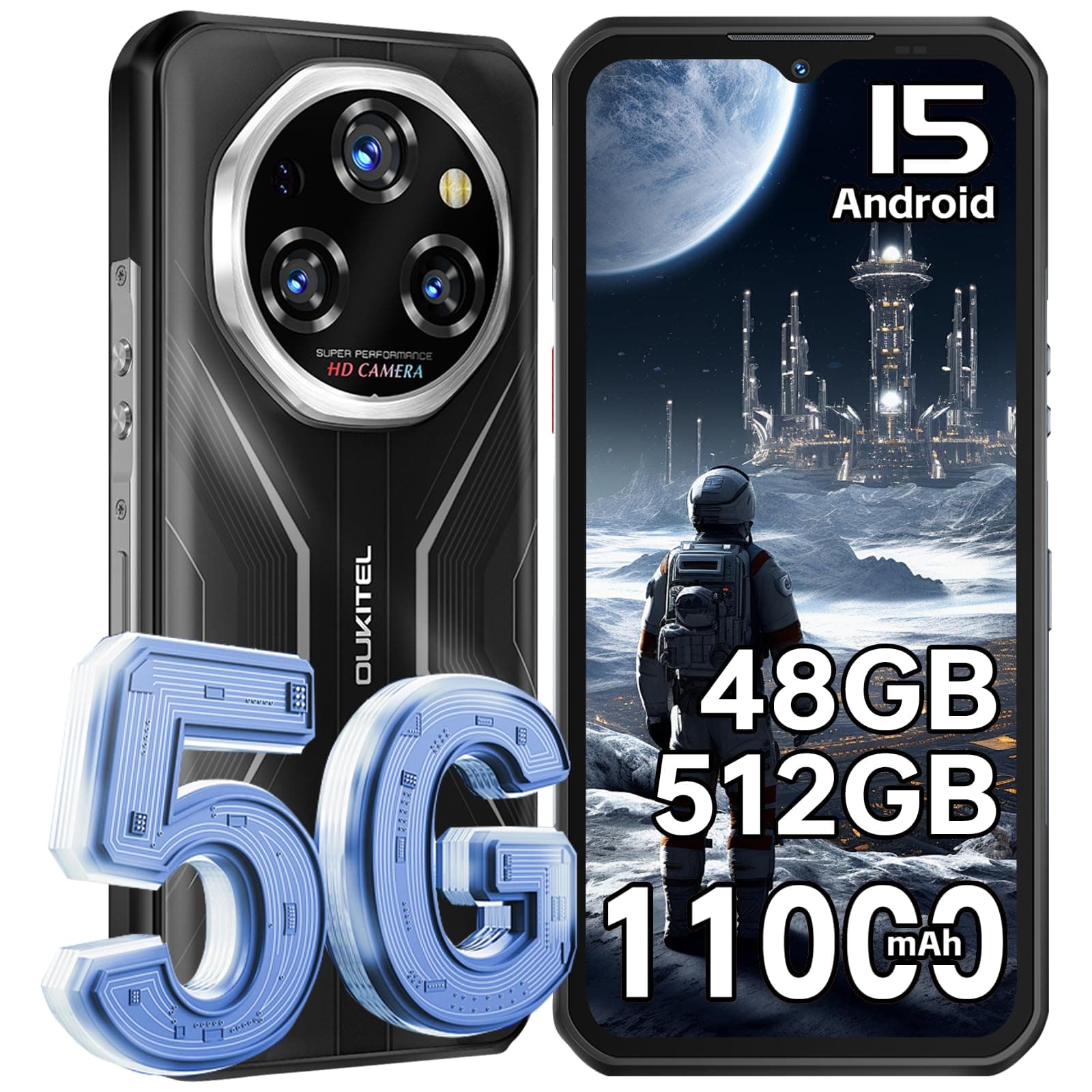 OUKITEL WP55 Pro 5G Rugged Smartphone Unlocked Android 15, 48GB+512GB/TF 2TB CellPhones, 11000mAh(33W) Battery, 6.6" FHD+120HZ Display, 108MP Camera, 5G Dual SIM Phone, NFC/GPS/OTG/IP68/IP69K