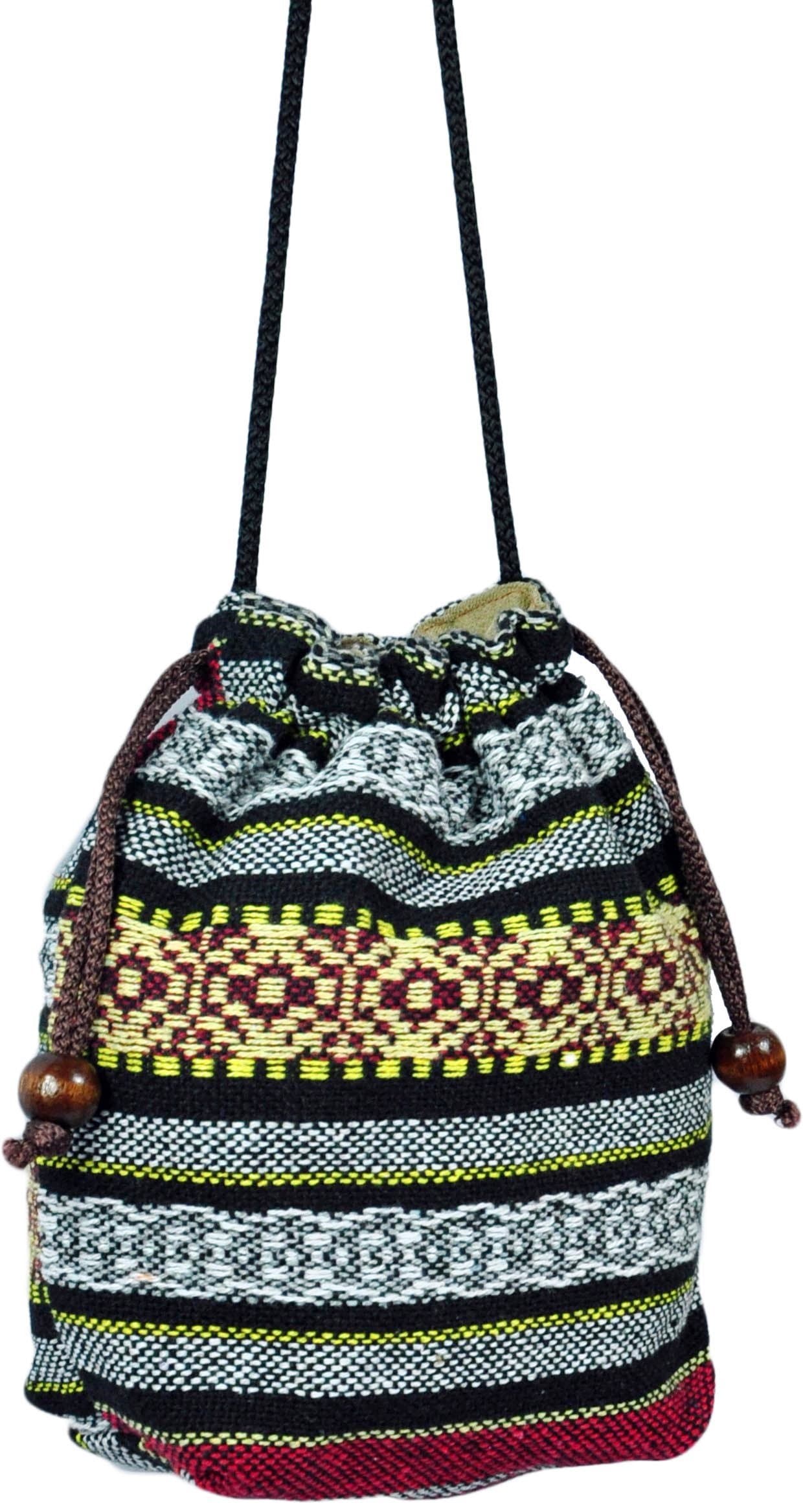 Small Multicolor Asian Thai Style Hippie Boho Hand Made Cotton Fabric Woven Lanna Pattern Sling Shoulder Tote Cross Body Bag From Chiangmai Thailand