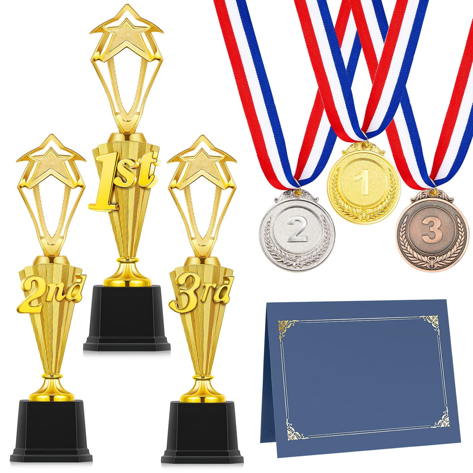 12 Pcs 1st 2nd 3rd Place Trophy Set 3 Award Medals in Gold Silver Bronze 3 Certificate Holders with Pages for Sports Basketball Soccer Competitions Reward Ceremony