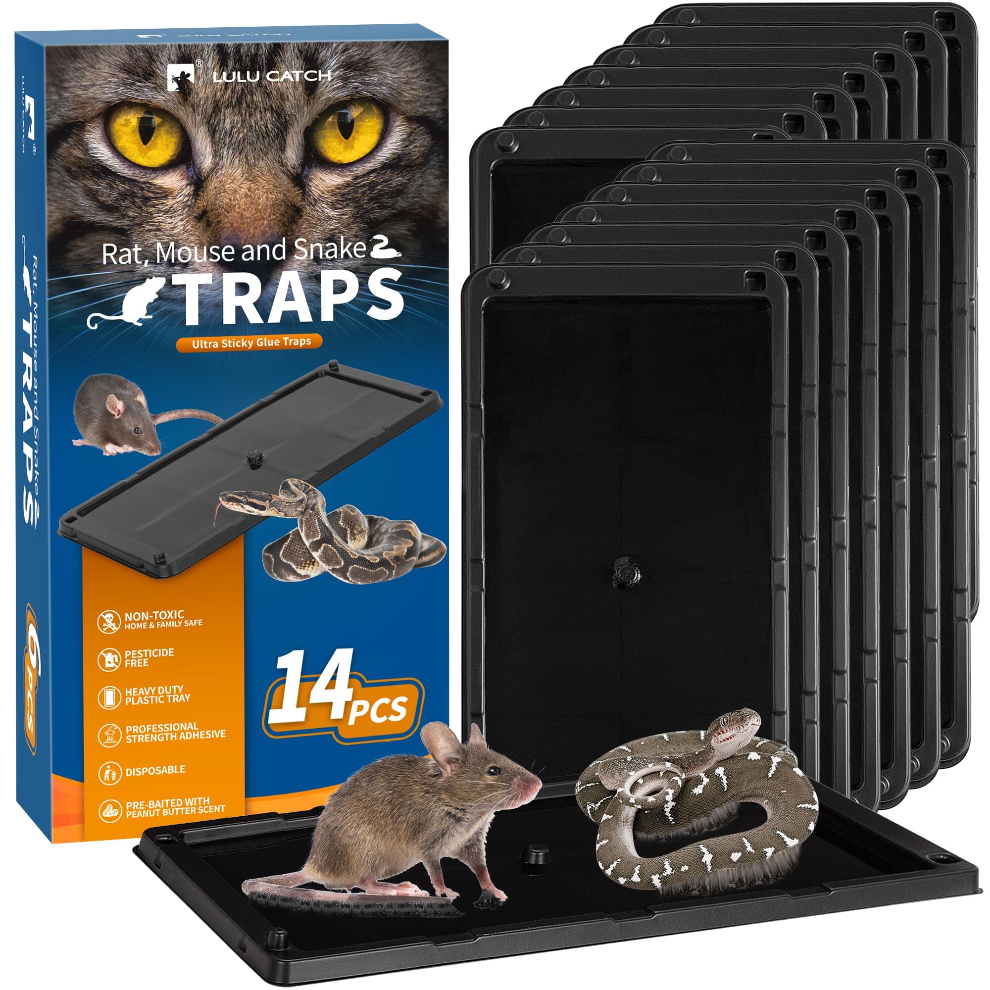 LULUCATCH Glue Mouse Traps Indoor for Home 14 Pack, Pre-Baited Sticky Plastic Glue Boards for House, Snake, Lizard, Insect, Mice, Rats & Spider Traps, Pet Safe Pest Control