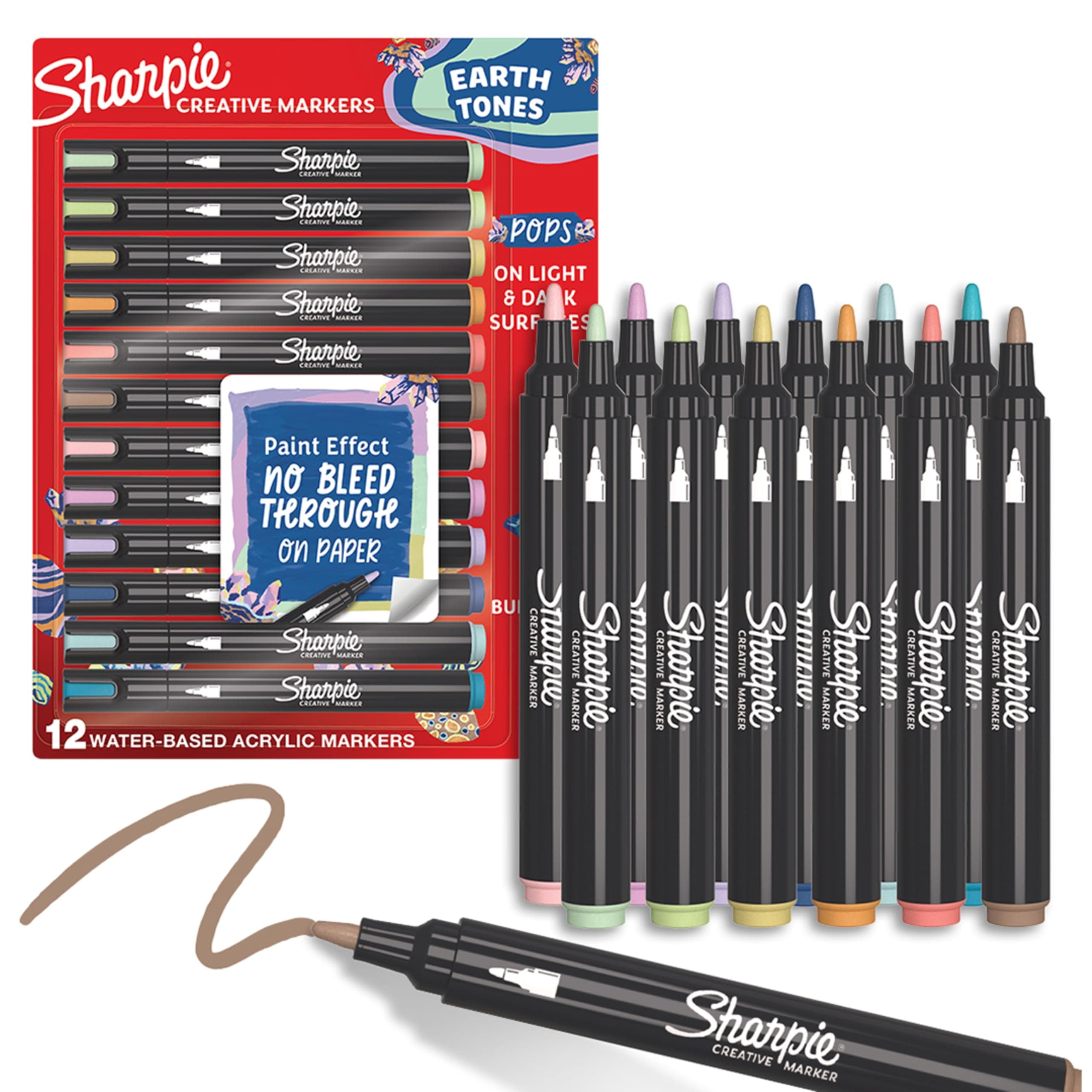 Sharpie Creative Markers, Earth Tones, Water-Based Acrylic, Bullet Tip, 12 Count – Arts & Crafts, School Classroom; Works on Paper, Metal, Wood, Ceramic, Glass, Rock, Canvas