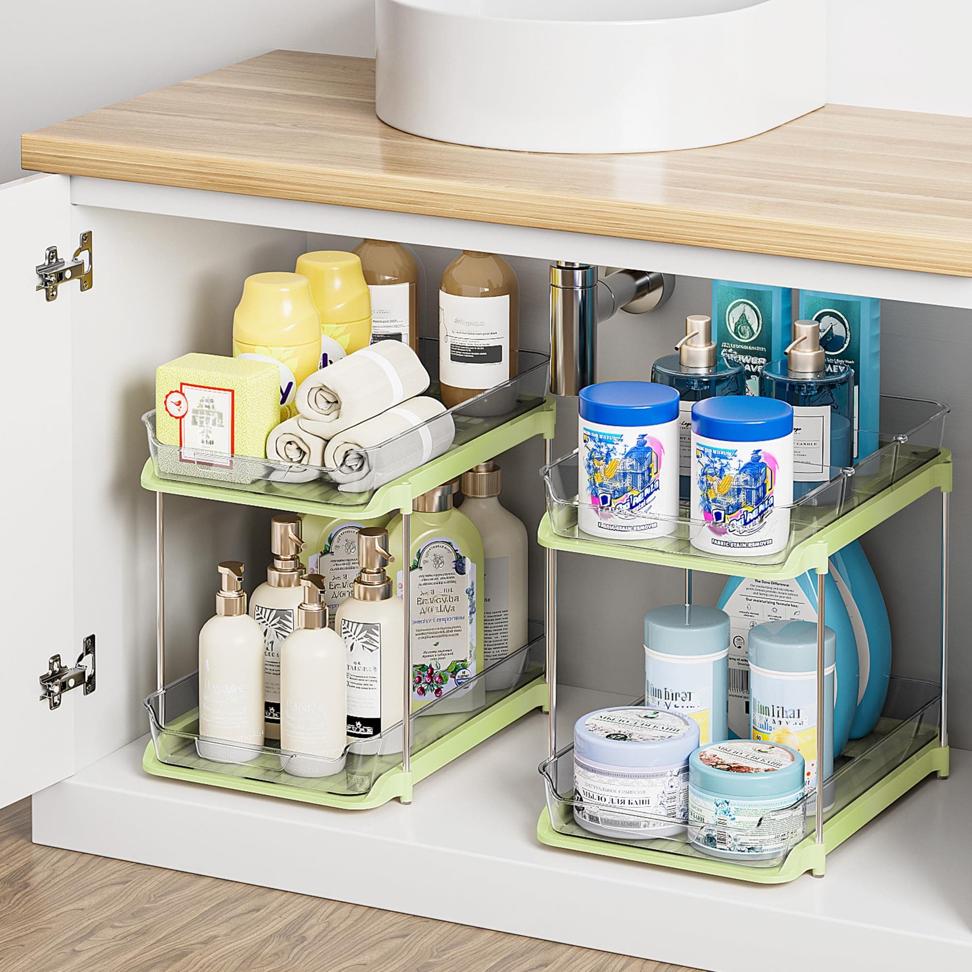 Delamu 2-Tier Multi-Purpose Bathroom Under Sink Organizers and Storage, Stackable Kitchen Pantry Organization, Pull Out Medicine Cabinet Organizer with Movable Dividers, Green, 2 Pack