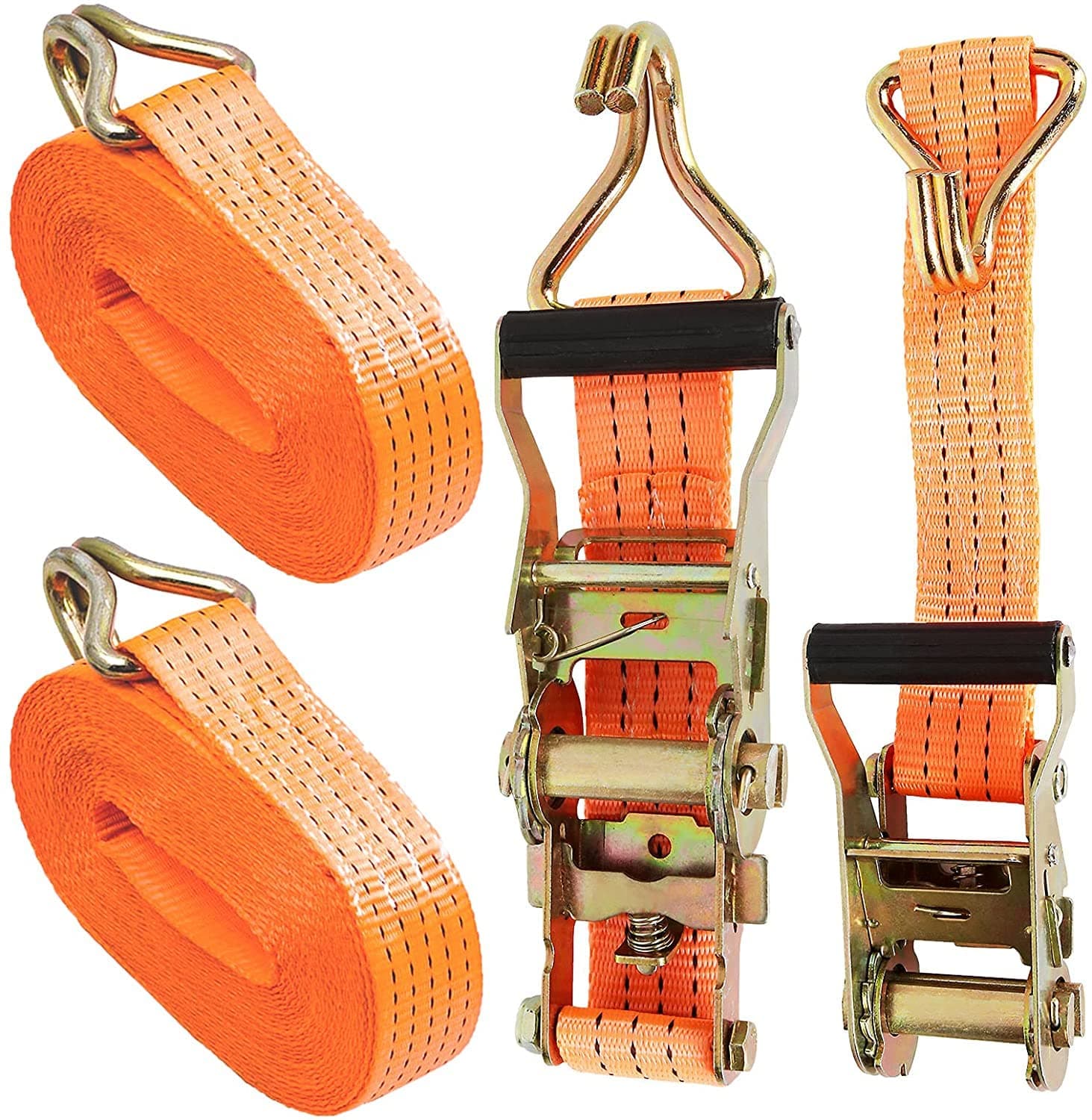 2 Sets Ratchet Tie Down Straps 5cm x 6m, 11000lb Break Strength, Heavy Duty Lashing Strap, Securing Straps with Handle and Metal J Hook for Trucks, Cars, Motorcycles – Orange