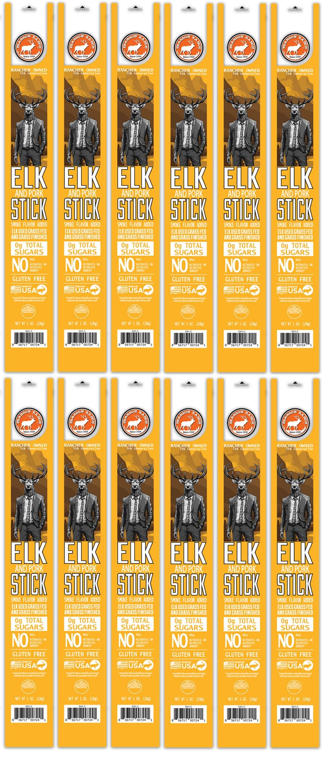 PEARSON RANCH Elk Sticks 1 Ounce Elk Jerky Sticks Pack of 12 Exotic Meat, Low-Carb, Gluten-Free, MSG-Free, High-Protein, Low-Fat, Paleo and Keto Friendly, Wild Game Meat Sticks