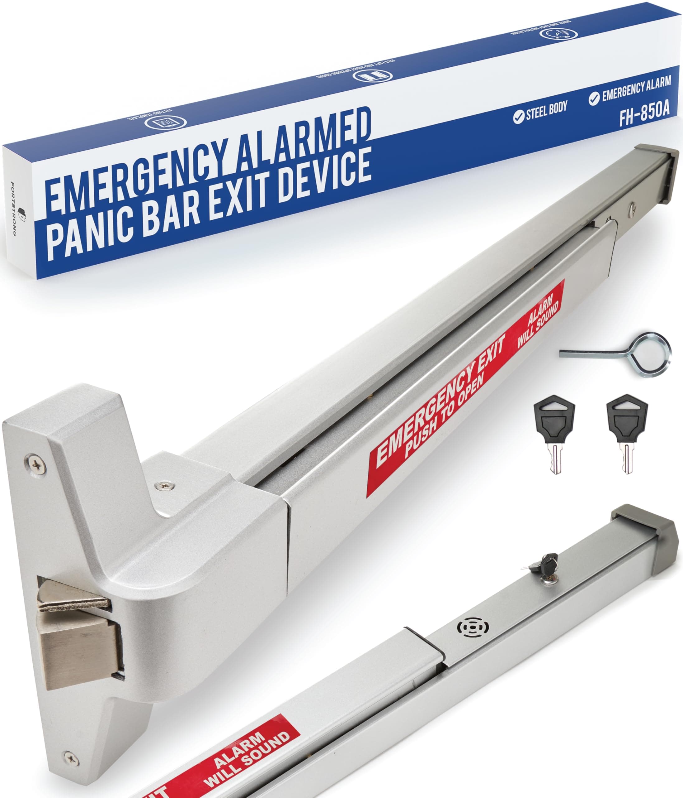 FORTSTRONG Commercial Door Push Bar Panic Exit Device with Alarm - Panic Bars for exit Doors - Loud Warning Strike Bar with Warning Stickers - FS-850A Instructions Included