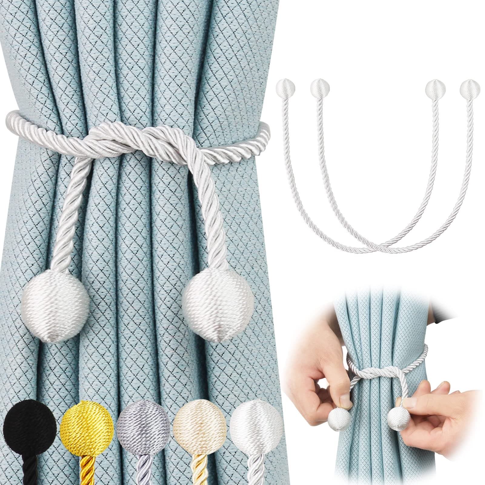 6 Pack Curtain Tiebacks Elegant Decorative Curtain Tie Backs Rope Curtain Holders for Drapes Window Treatment Holdbacks for Drapes or Curtains, White