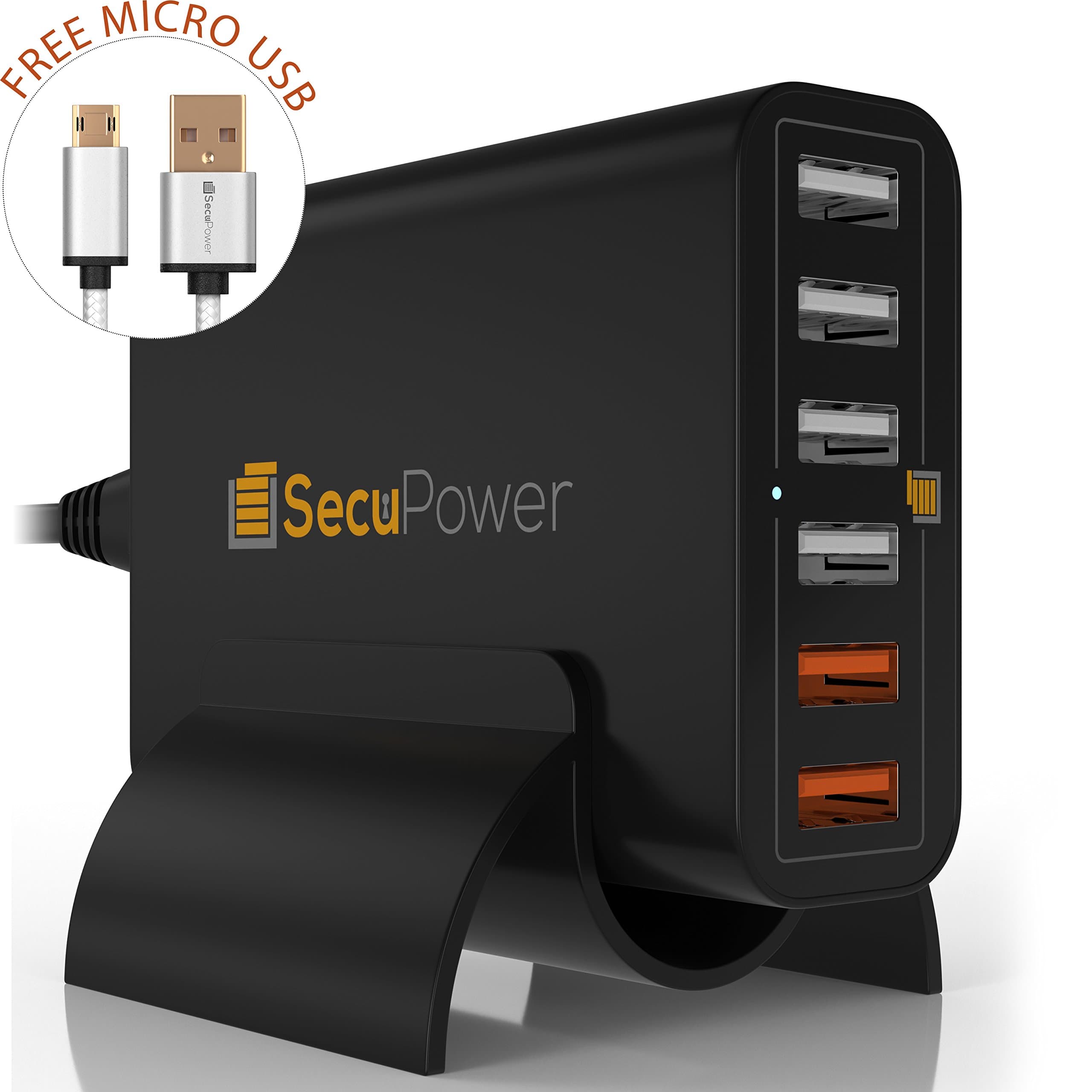 SecuPower 6 Port USB Wall Charger with 2 Qualcomm Quick Charge 2.0 & 4 Smart Ports (60W) (Black)