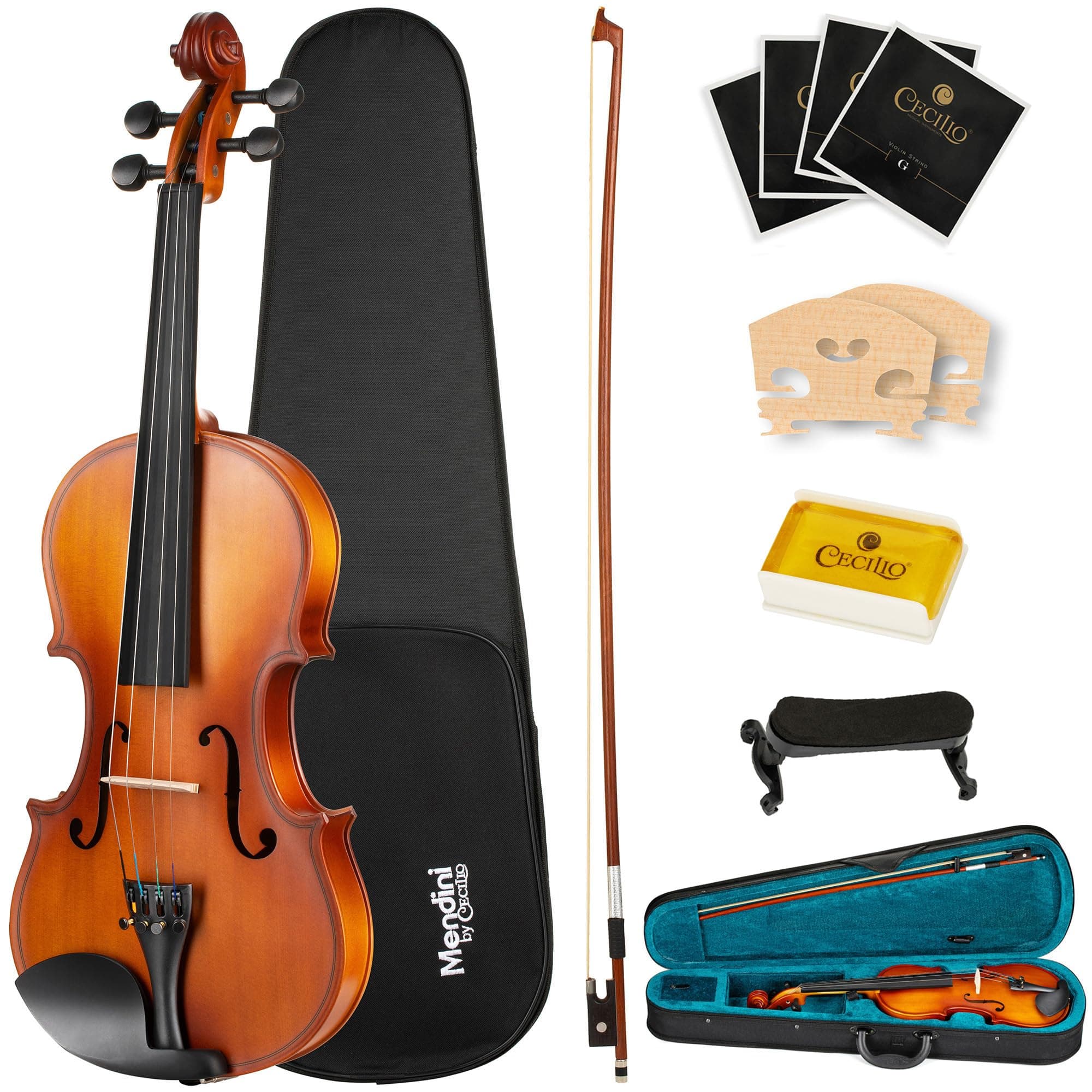 Mendini by Cecilio Violin 4/4 Full Size Kit For Beginners - Hand Carved Acoustic Violins Set - Fiddle Solid Wood Kit with Hard Case, Bow, Rosin, Shoulder Rest, Bridge and Extra Strings