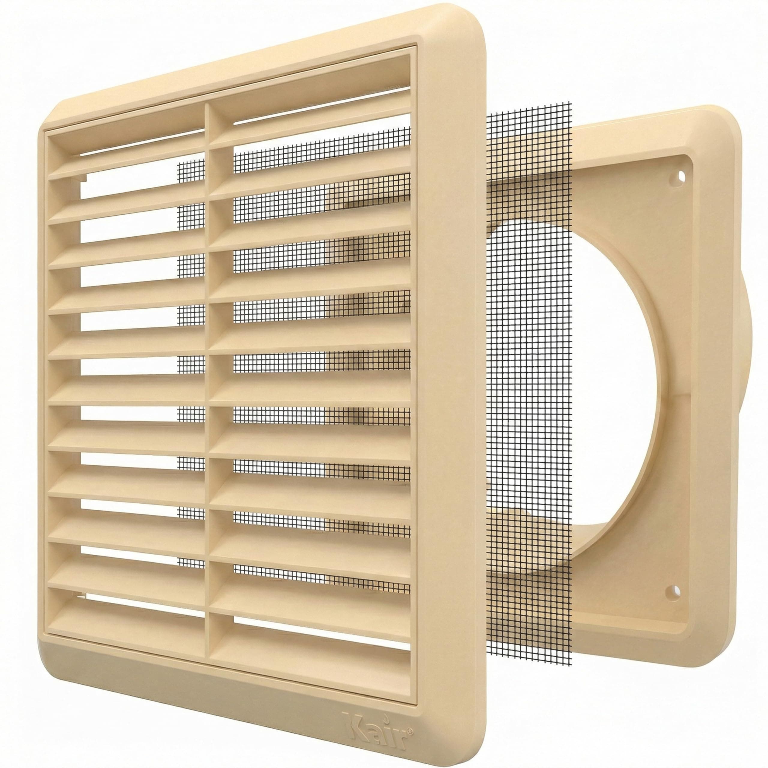 Kair Beige 100mm Louvred Wall Vent Grille with Flyscreen - 99.5mm / 4 Inch Round Rear Spigot & 155mm Front Cover