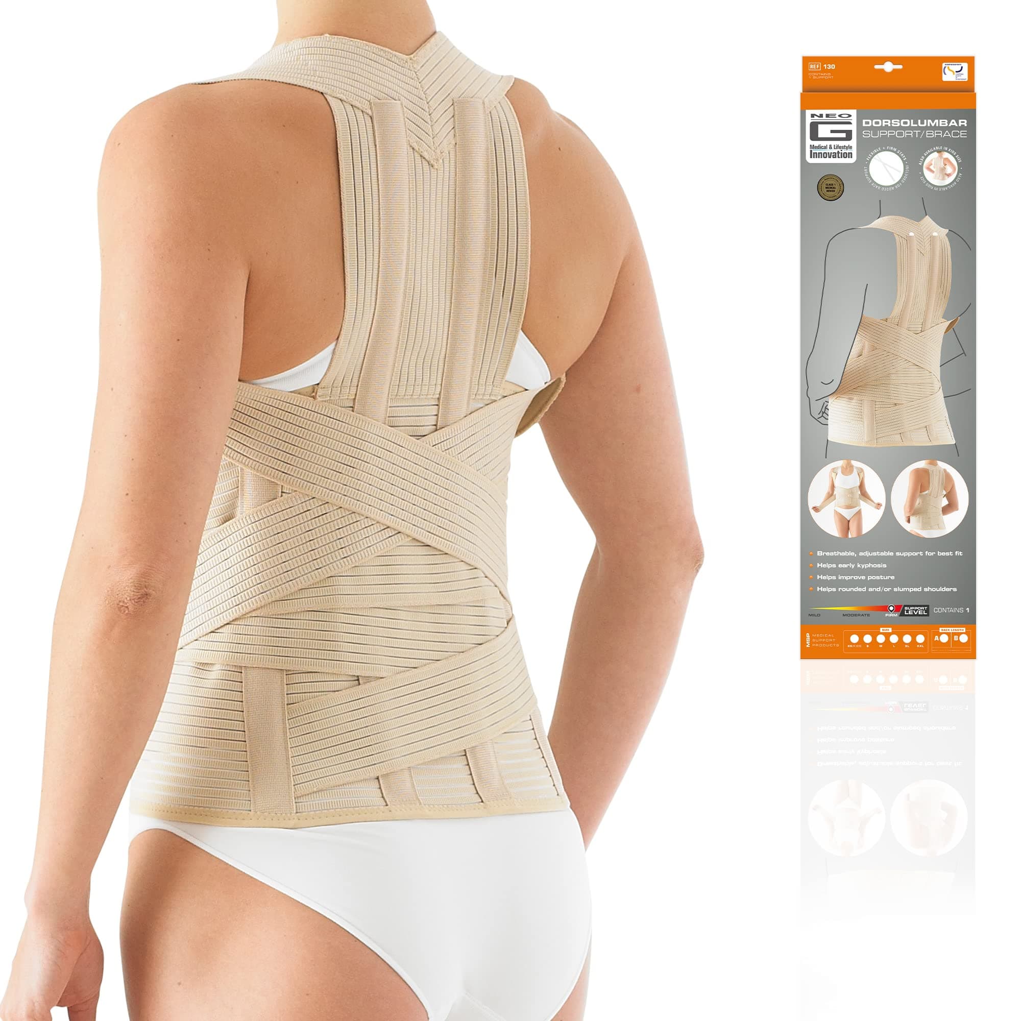 Dorsolumbar Support Brace - Back Support For Early Kyphosis, Rounded Shoulders, Posture Correction, Muscular Aches, Lumbar Support - Adjustable - Class 1 Medical Device - XX-Large - Tan