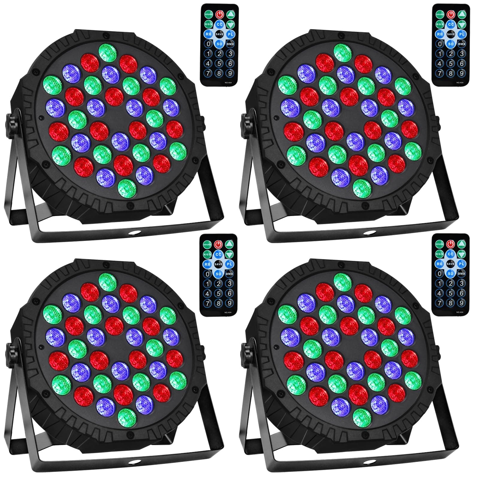 Manalete 36 LED Stage Lights, Par Light with Remote & DMX Controlled Sound Activated Uplights for Events Wedding Birthday Christmas Music Show Dance Party DJ Lighting, 4 Pack, Black