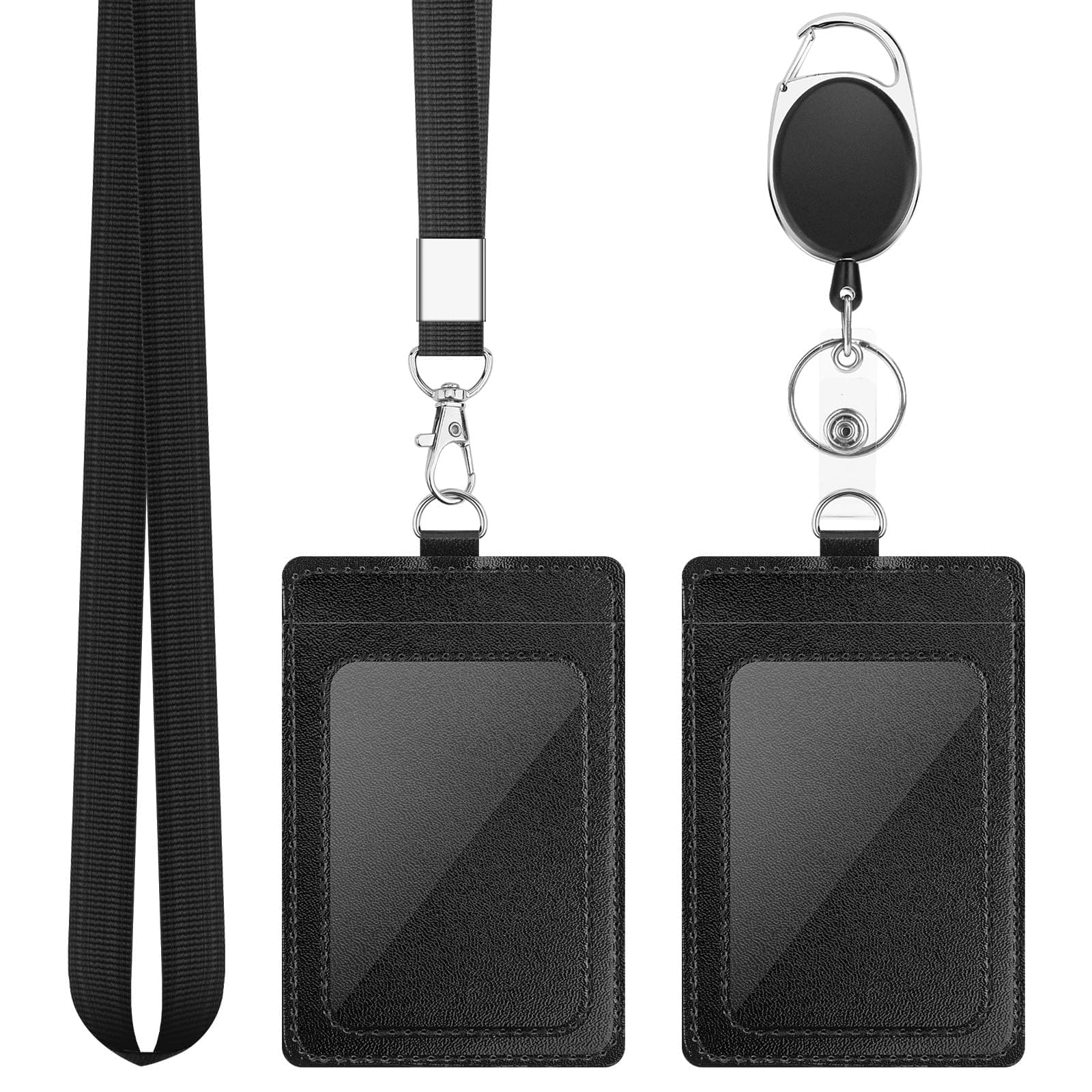2 Pack Badge Holders, Vertical PU Leather ID Badge Card Holder with 1 Clear ID Window, with Detachable Neck Lanyard Strap and Retractable Badge Reel ID Card Holders Set