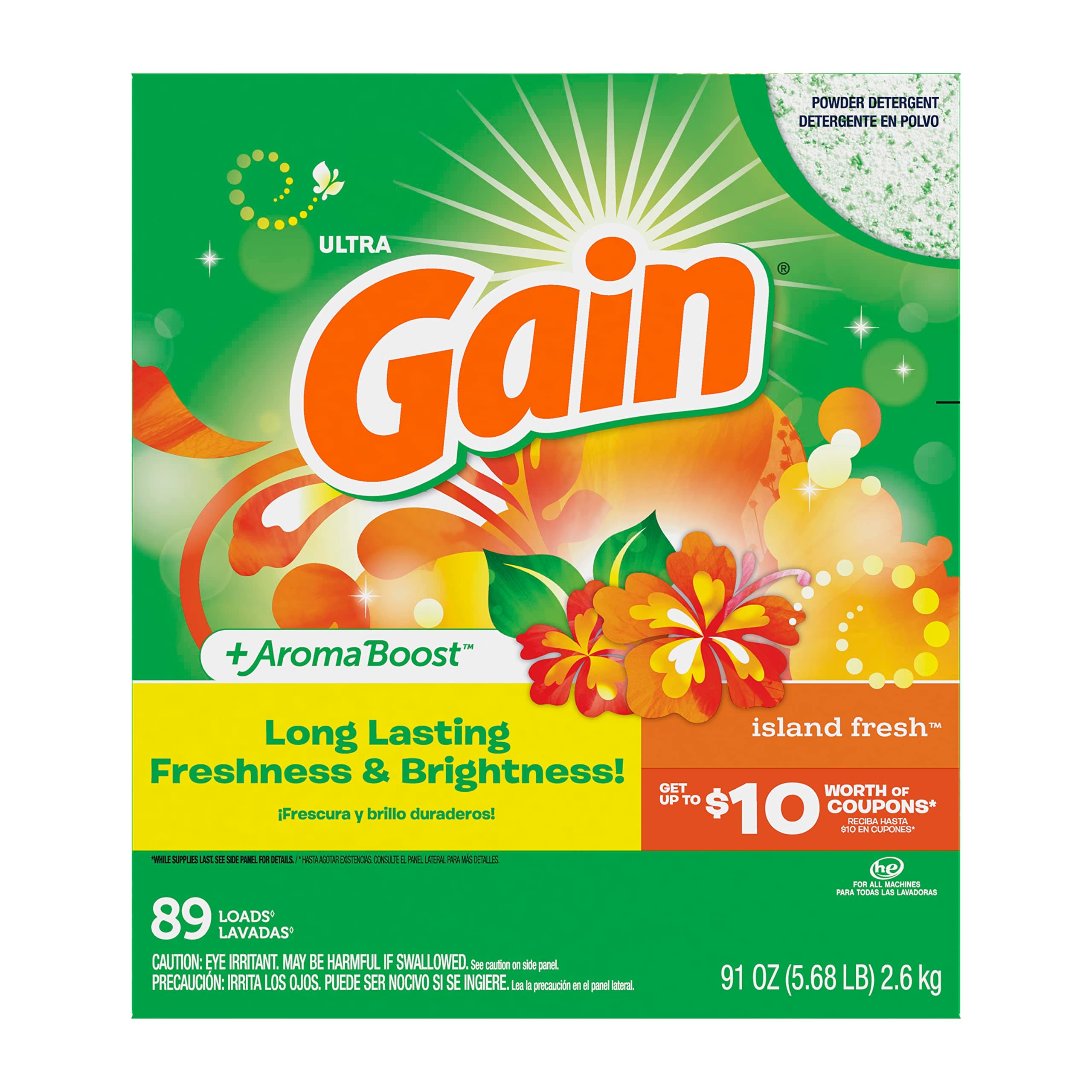 Gain Powder Laundry Detergent for Regular and HE Washers, Island Fresh Scent, 91 ounces 89 loads