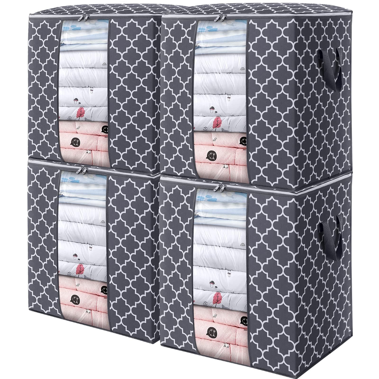 WISELIFE Storage Bags 4 Pack/100L Large Blanket Clothes Organization and Storage Containers for Comforters,Bedding, Foldable Organizer with Reinforced Handle, Clear Window, Sturdy Zippers,Gray