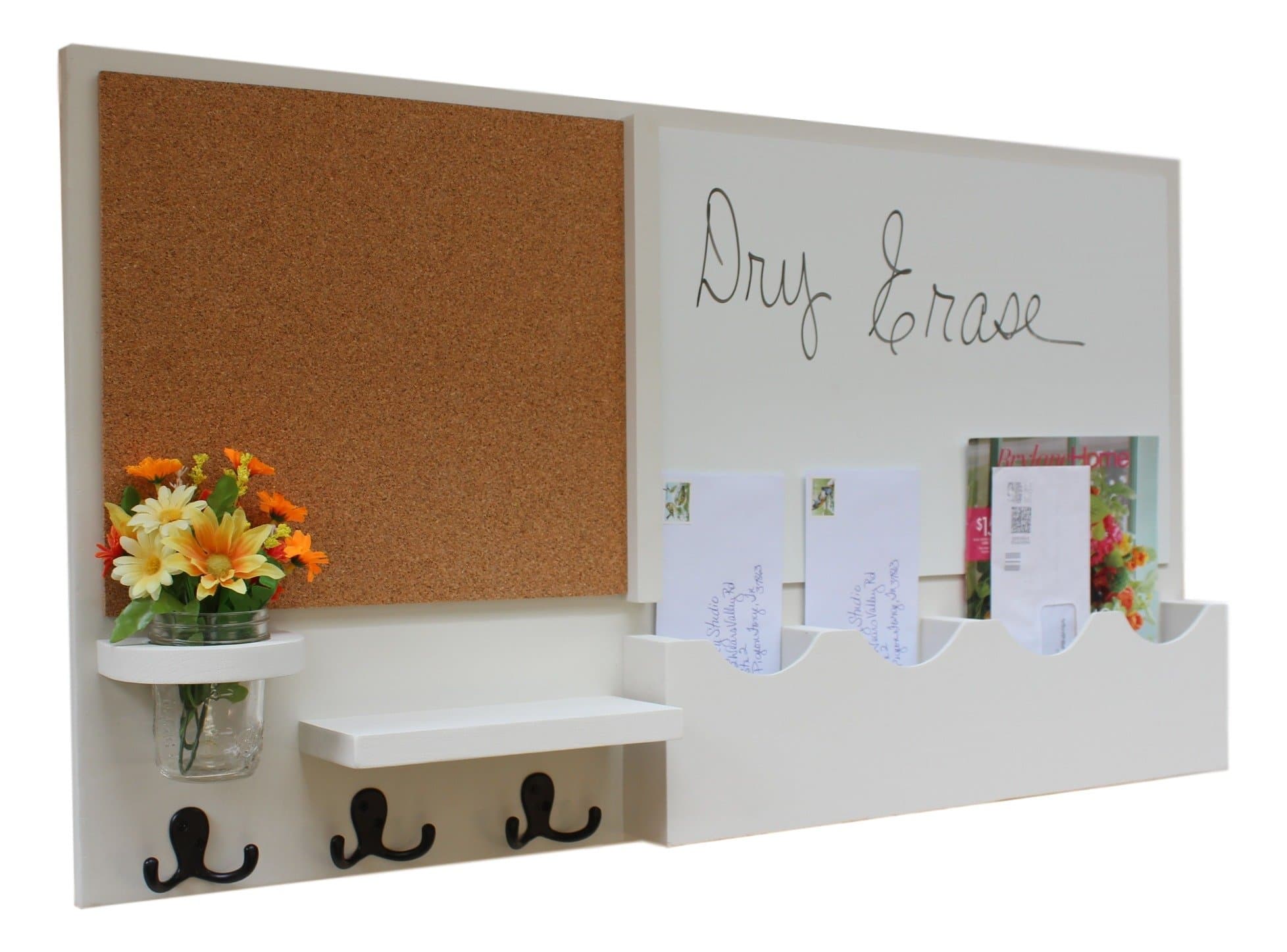 Legacy Studio Decor Message Center with White Board & Cork Board Mail Slots Key Hooks Mason Jar (Smooth, White)