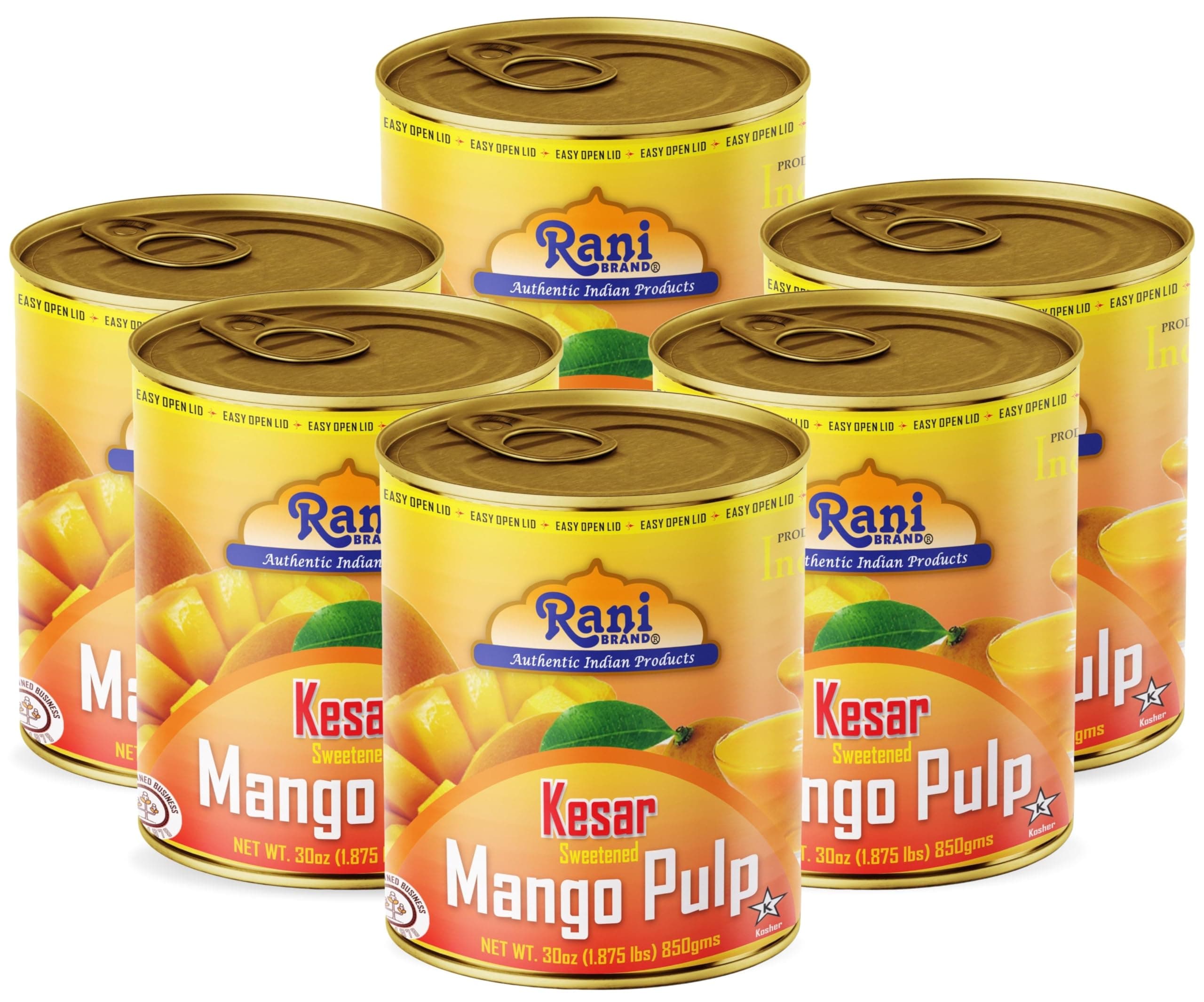 Rani Mango Pulp Puree (Makes Mango Lassi Shakes) Kesar Sweetened 30oz (1.875lbs) 850g Pack of 6 ~ Kosher | All Natural | NON-GMO | Vegan | No colors | Gluten Friendly | Indian Origin