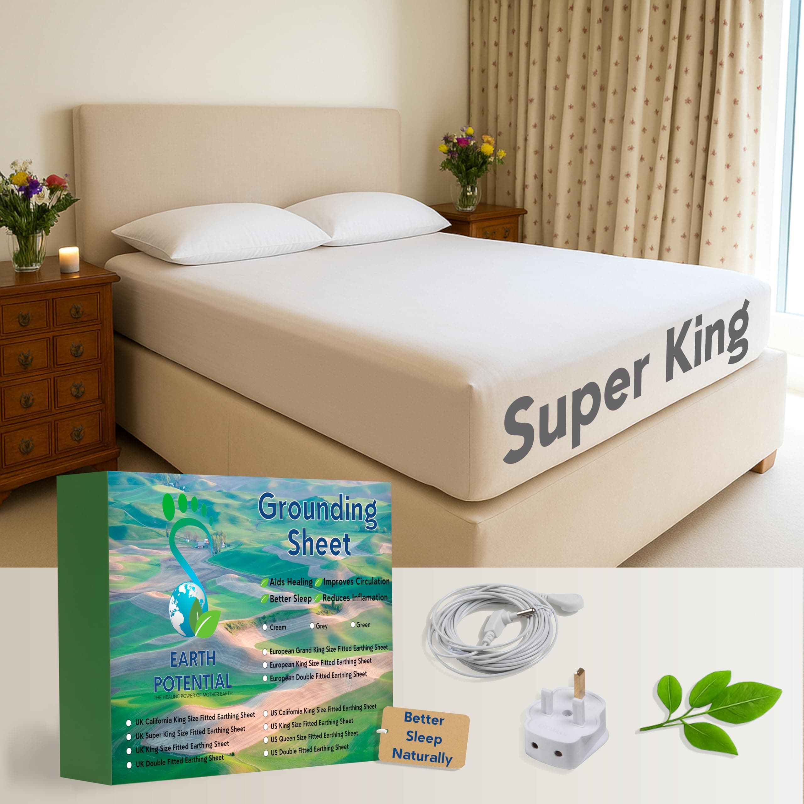 Earthing Grounding Fitted Super King Size Sheet – 95% Cotton and 5% Soft Silver Conductive Thread for Healing and Better Sleep, supplied with a 5m earth cable and UK double outlet grounding plug