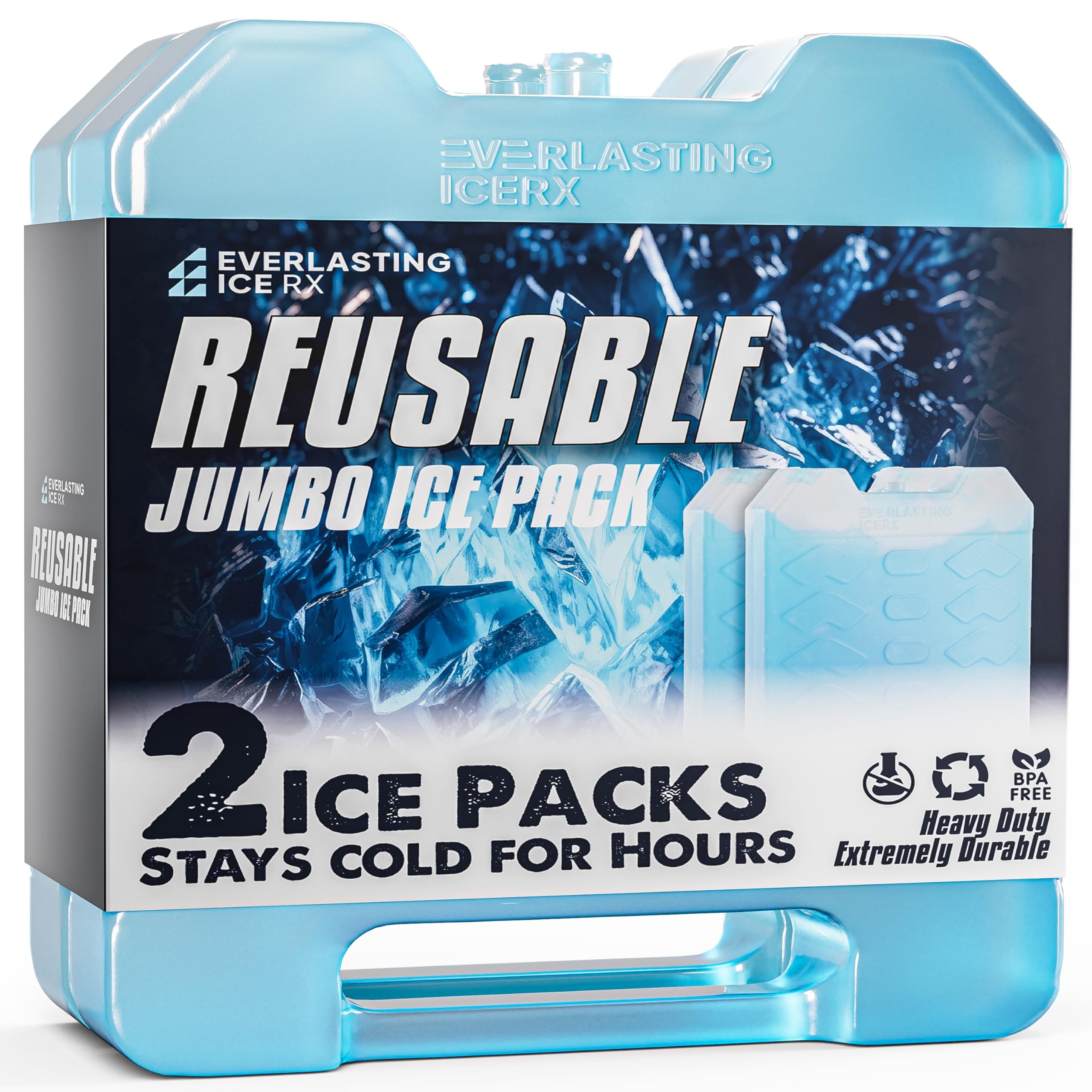 Everlasting Ice RX Large Reusable Ice Packs for Cooler with Handle (4 Pack) Long Lasting Coolness, BPA Free, Freezer Packs for Extended Cooling | Cooler Ice Packs for Camping, Fishing, Hiking, Beach