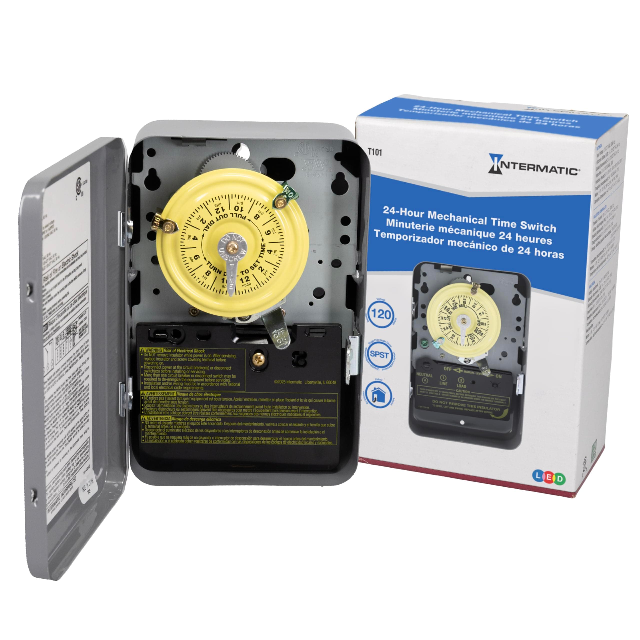 Intermatic T101 24-Hour Mechanical Timer Switch - 120V SPST, Indoor Metal Enclosure, Heavy Duty, Manual Override, 40 Amp - Ideal for Lights, Pumps, Fans, and HVAC Systems