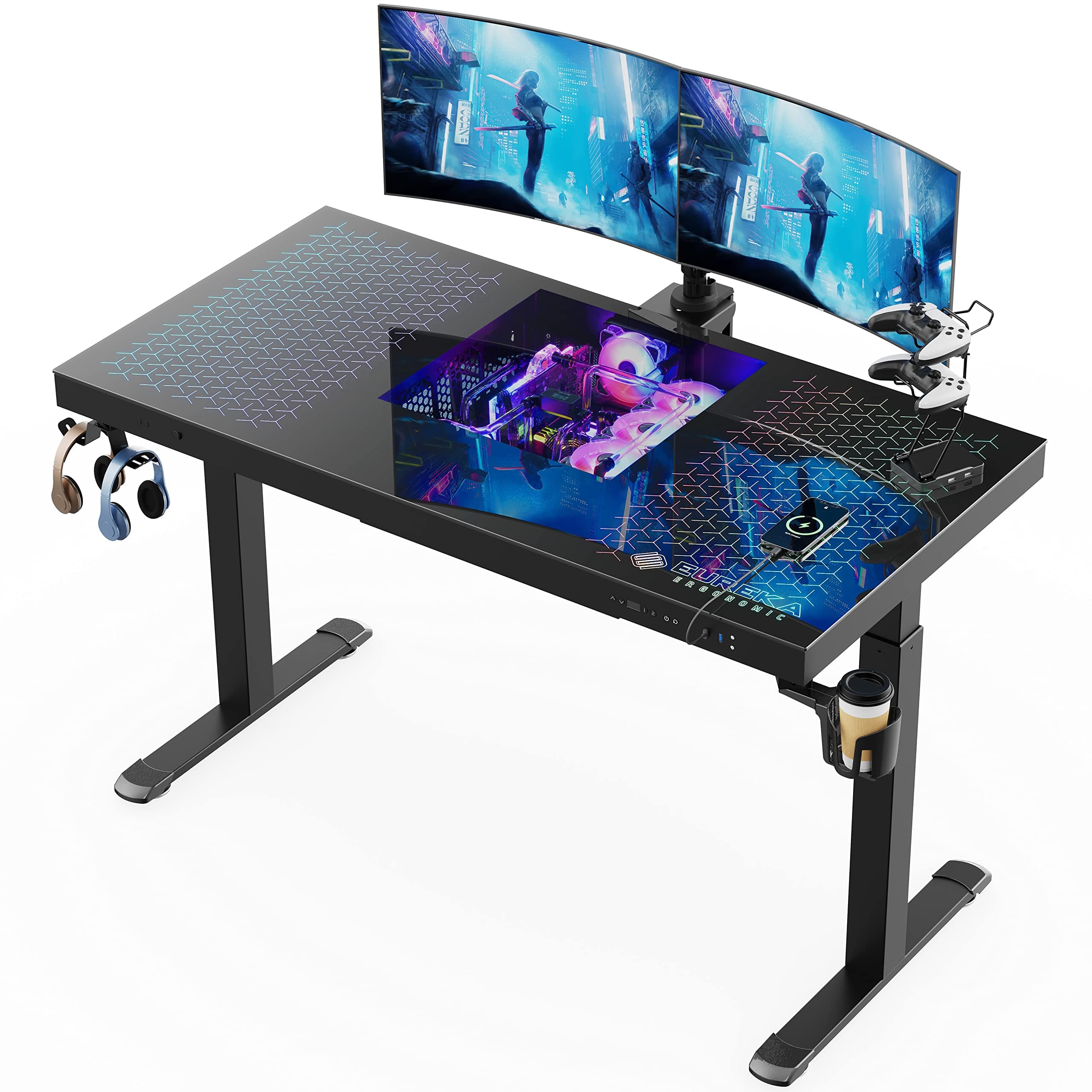 EUREKA ERGONOMIC RGB Gaming Desk PC Case Built in, 55" Glass Electric Standing Desk W Charging USB Port, Height Adjustable Sit Stand Up Desk Dual-Motor, GTG-EVO Computer Tower All-in-one Table, Black
