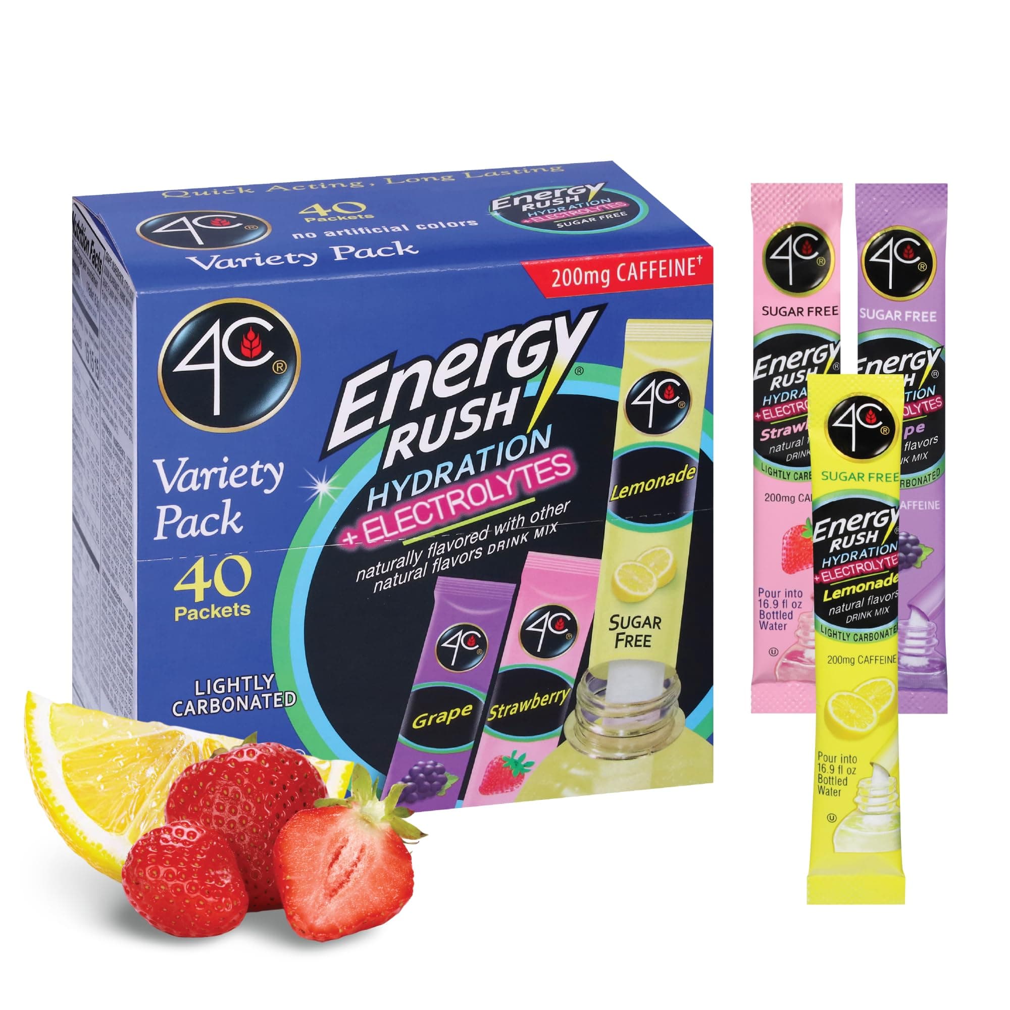 Energy Rush PSD with Electrolytes Variety Pack Stix, 40 ct (14 Lemonade, 12 Strawberry/14 Grape)