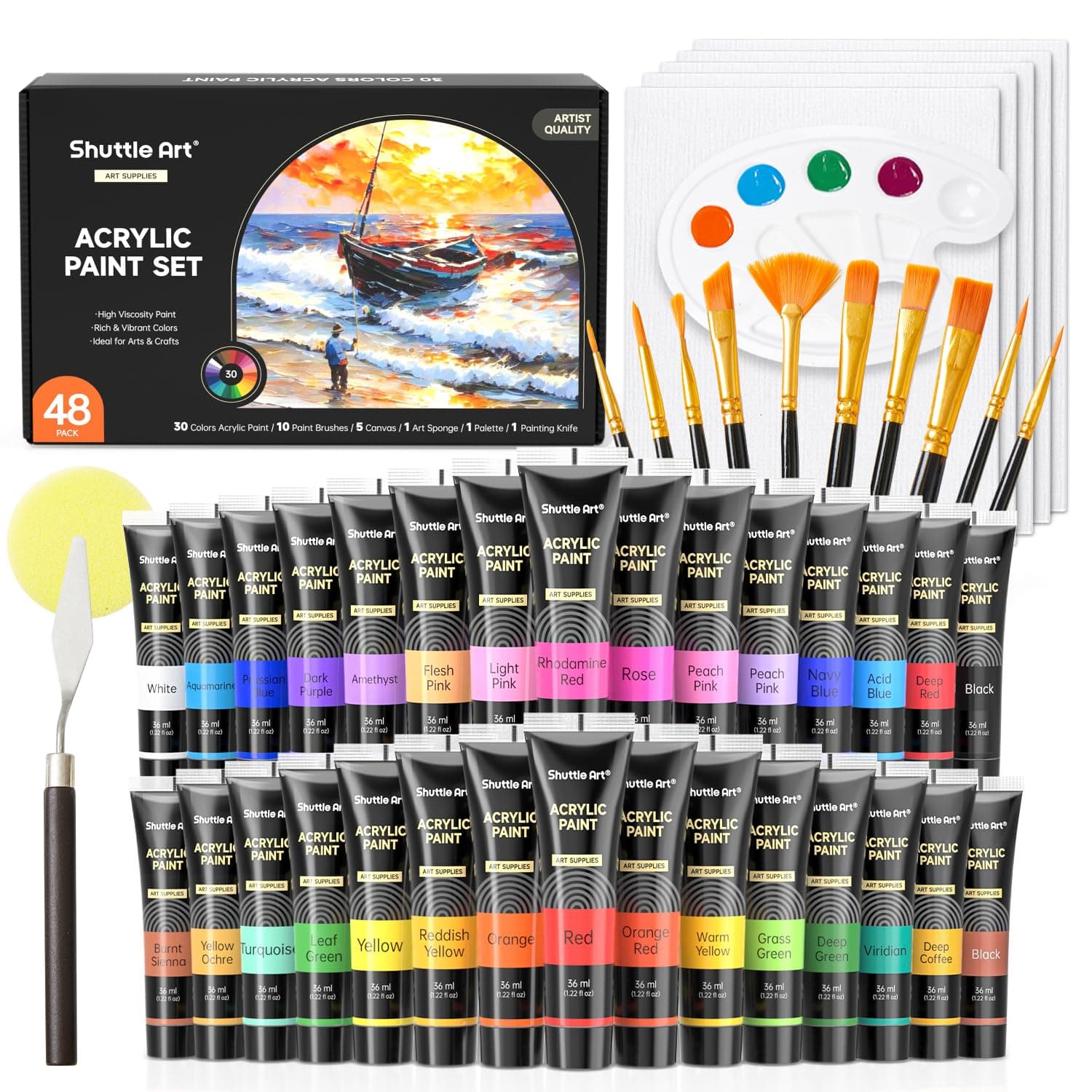 48 Pack Acrylic Paint Set, 30 Colors Acrylic Paint (36ml) with 10 Brushes 5 Canvas 1 Paint Knife 1 Palette 1 Art Sponge, Complete Set for Kids, Adults Painting on Canvas Rocks Wood Ceramic