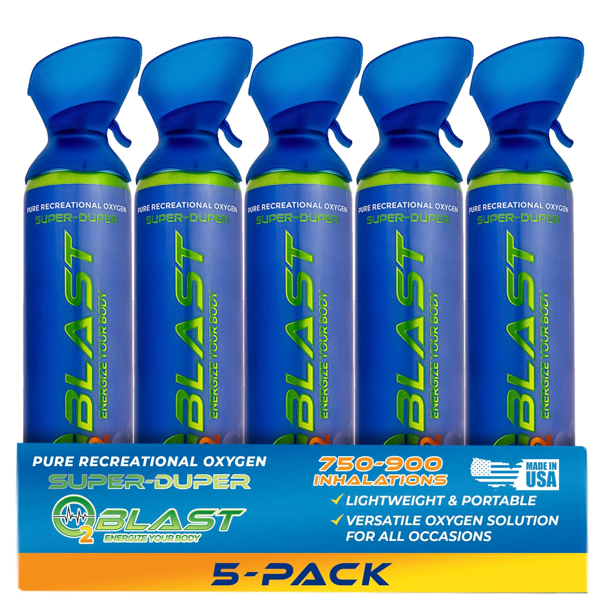O2 Blast - Portable Oxygen Can, Filled with 99.99% Pure Oxygen in a Can with Breathing Mask for Sports, Travel, and High Altitude Use | On-the-Go Air Support for Hiking and Outdoors – 10L, 5-Pack