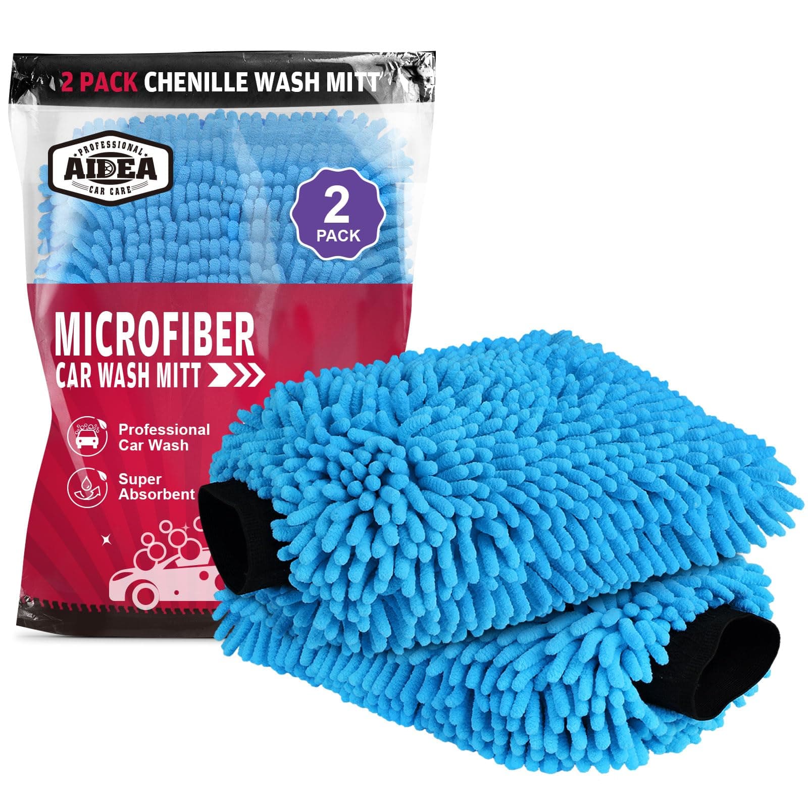 AIDEA Car Wash Mitt Microfiber-2PK, Scratch & Lint Free, Premium Chenille Microfiber Wash Mitt-Blue Regular Size (7.12''X10.14'')