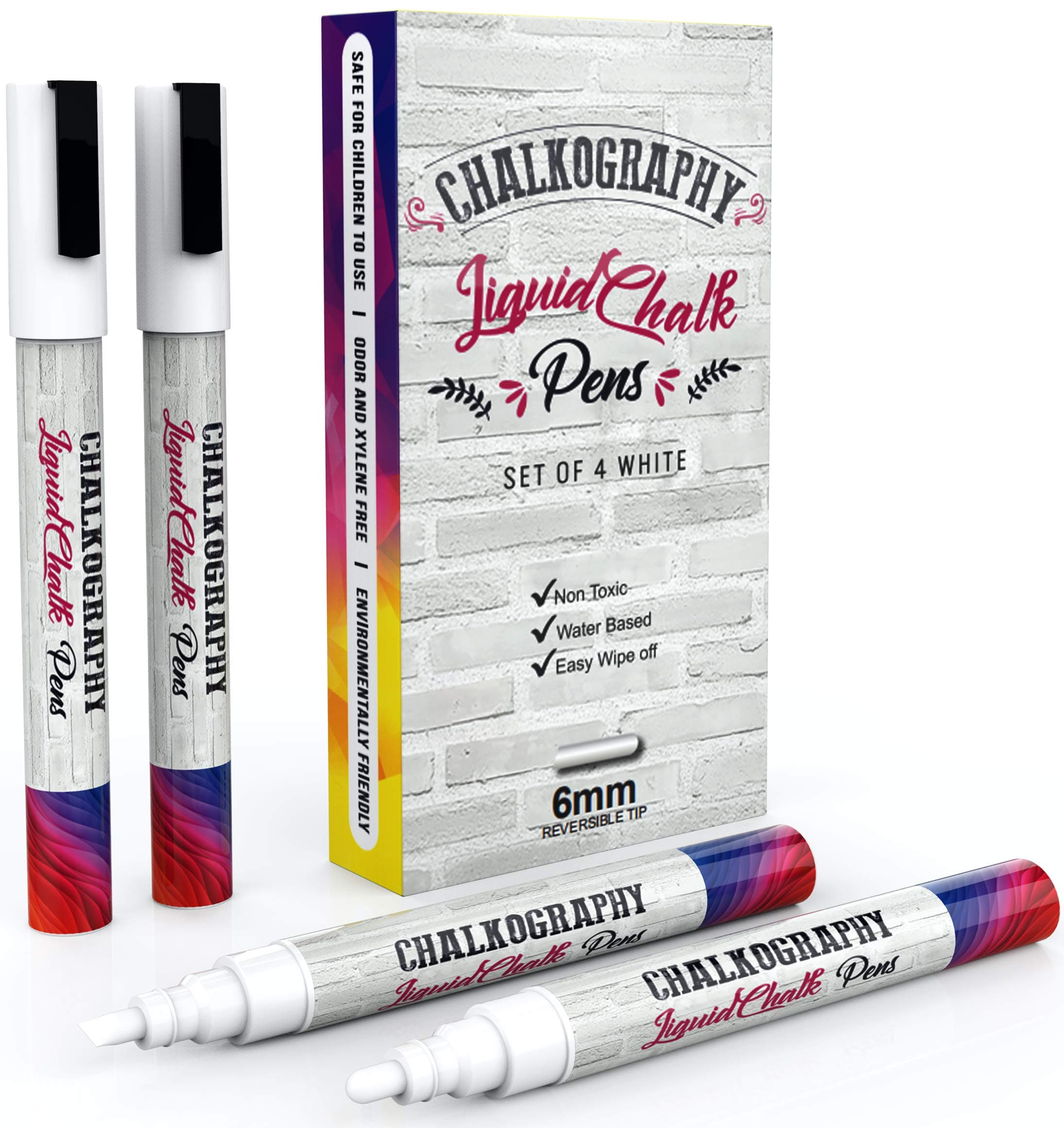 Chalk Pens 6mm Bullet/Chisel Tip | Pack of 4 by Chalkography™ | Dust Free | Non-Toxic | Wet Erase Liquid Chalk Ink | Perfect for Schools, Blackboards, Windows, Bistro Boards & Displays