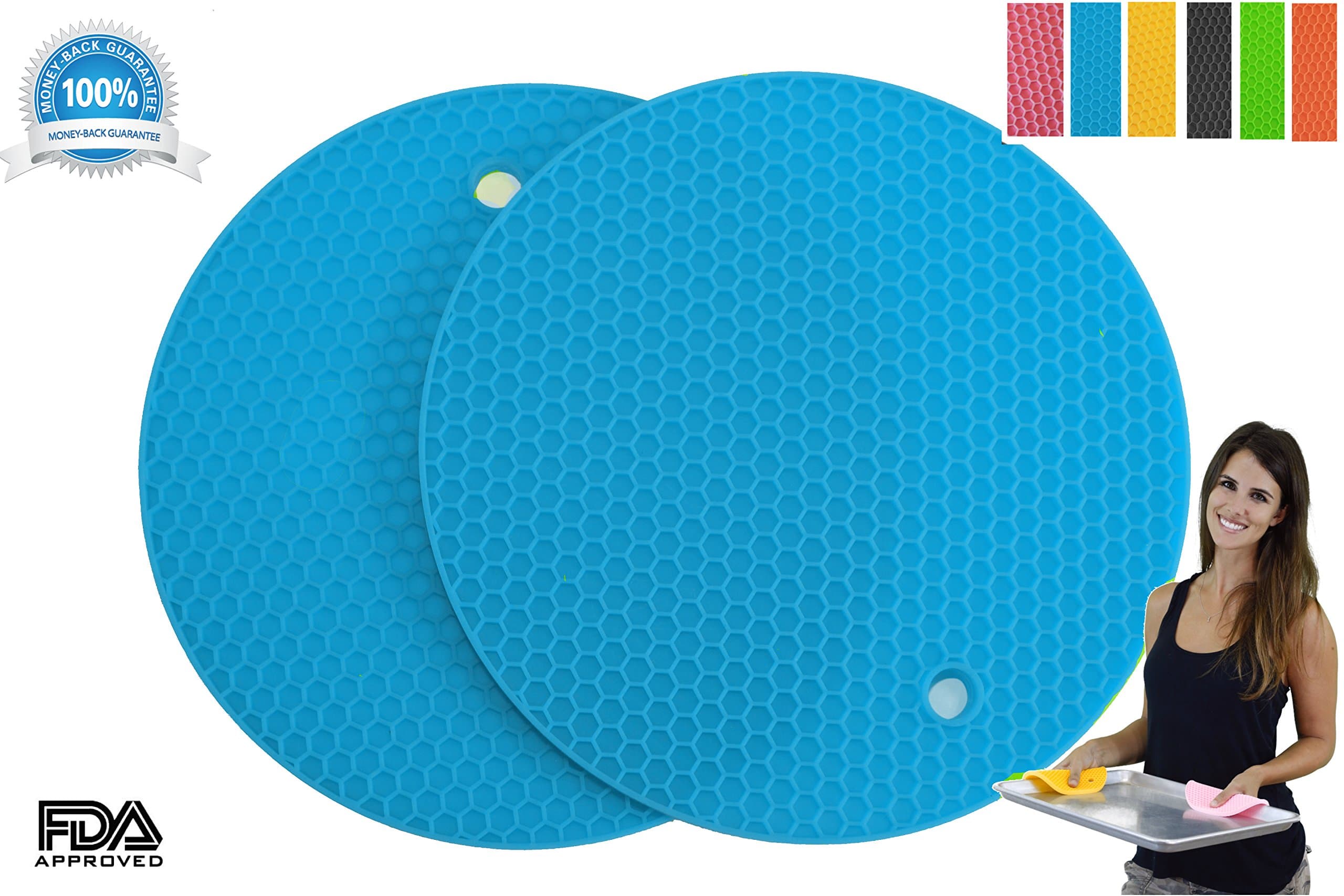 Silicone Multipurpose Kitchen Tool: Pot Holders, Trivet, Jar Opener, Large Coaster, Spoon Rest, Flexible, Durable, Heat Resistant Mat (2 Pack, Blue)