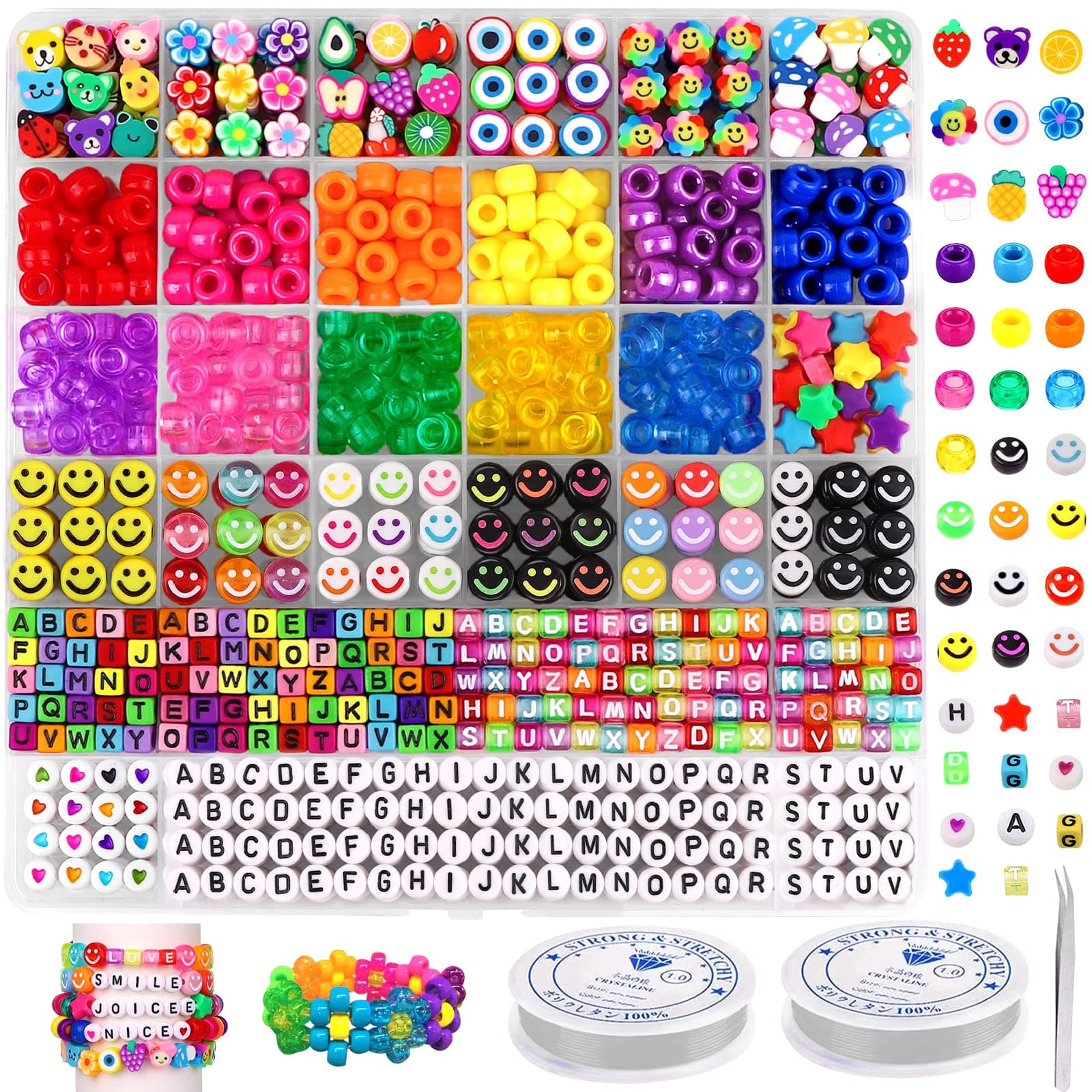 DTYDECLE 930Pcs Pony Beads for Bracelet Making Kit, Fruit Flower Polymer Clay Beads Rainbow Color Barrel Bead Letter Alphabet Bead for DIY Arts Earring, Jewelry and Crafts Making