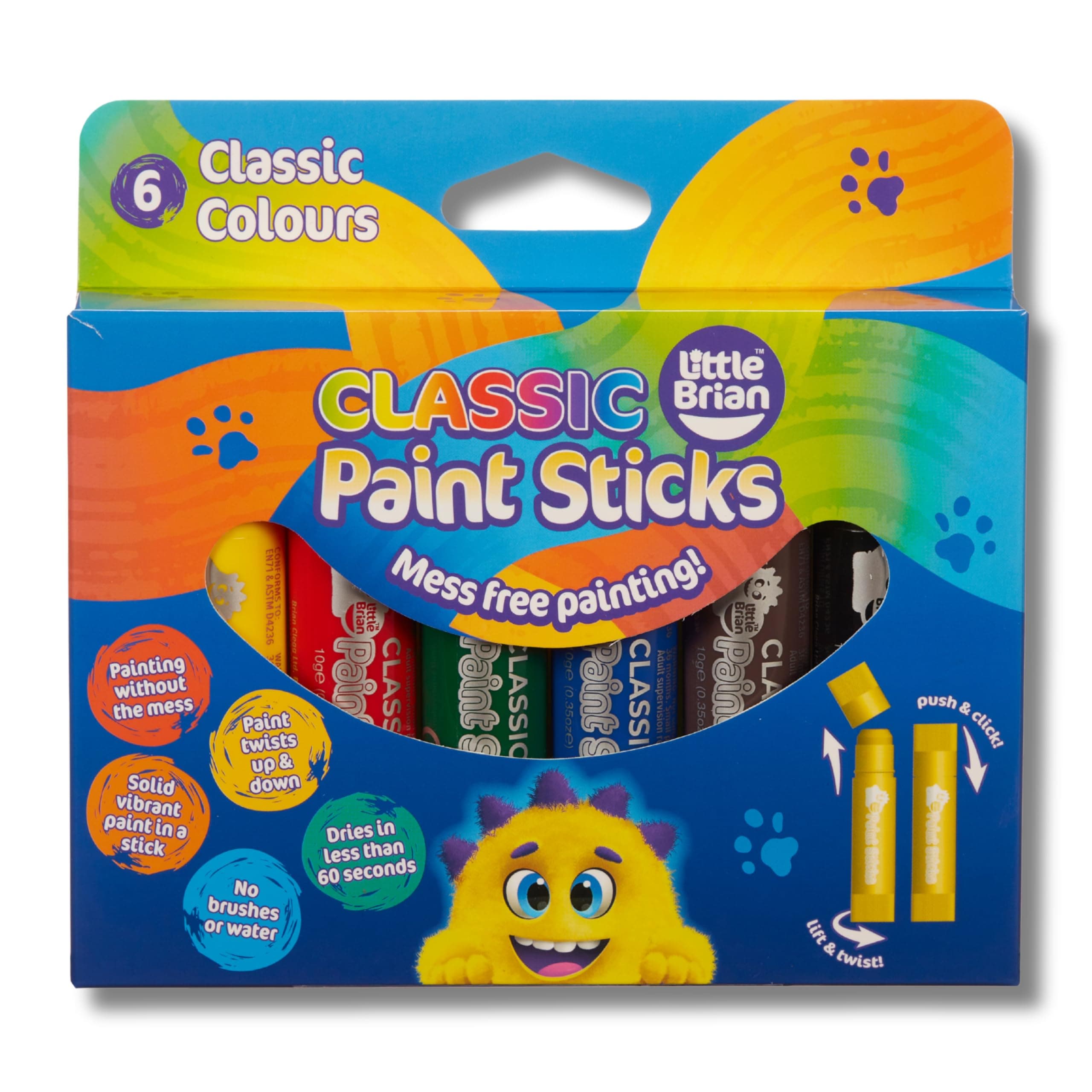 Little Brian Paint Sticks - Assorted Colours, 6 Pack, Kids Paint Pens Twist Up & Down, Mess-Free Painting, Easy-to-Use, Easy Clean Up