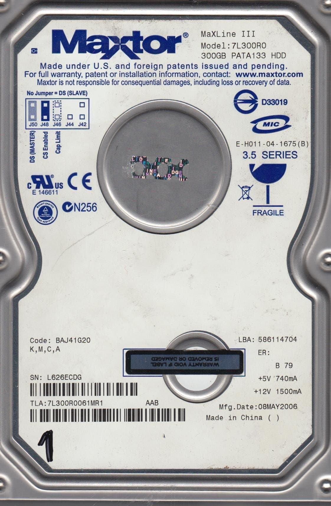 Maxtor 7L300R0, Code BAJ41G20, KMCA, 300GB IDE 3.5 Hard Drive