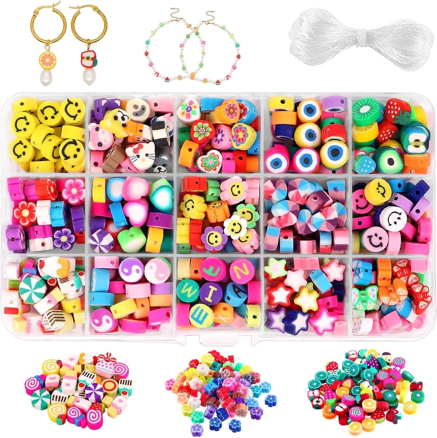 300 PCS 15 Styles Polymer Clay Beads Set With 4 Meters Crystal Elastic String, Fruit Smiley Flower Letter Beads for Handmade Jewelry Making DIY Bracelet Necklace Earring Accessories