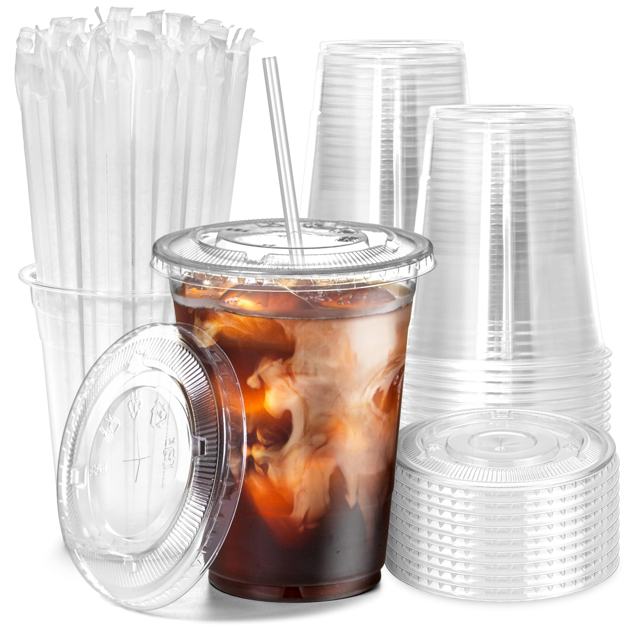 Fit Meal Prep 100 Pack 16 oz Plastic Iced Coffee Cups with Flat Lids and Clear Straws, Disposable Clear Cup, BPA Free Cup for Party, Smoothie, Cold Drinks, Juice, Milkshake, Bubble Boba, Tea