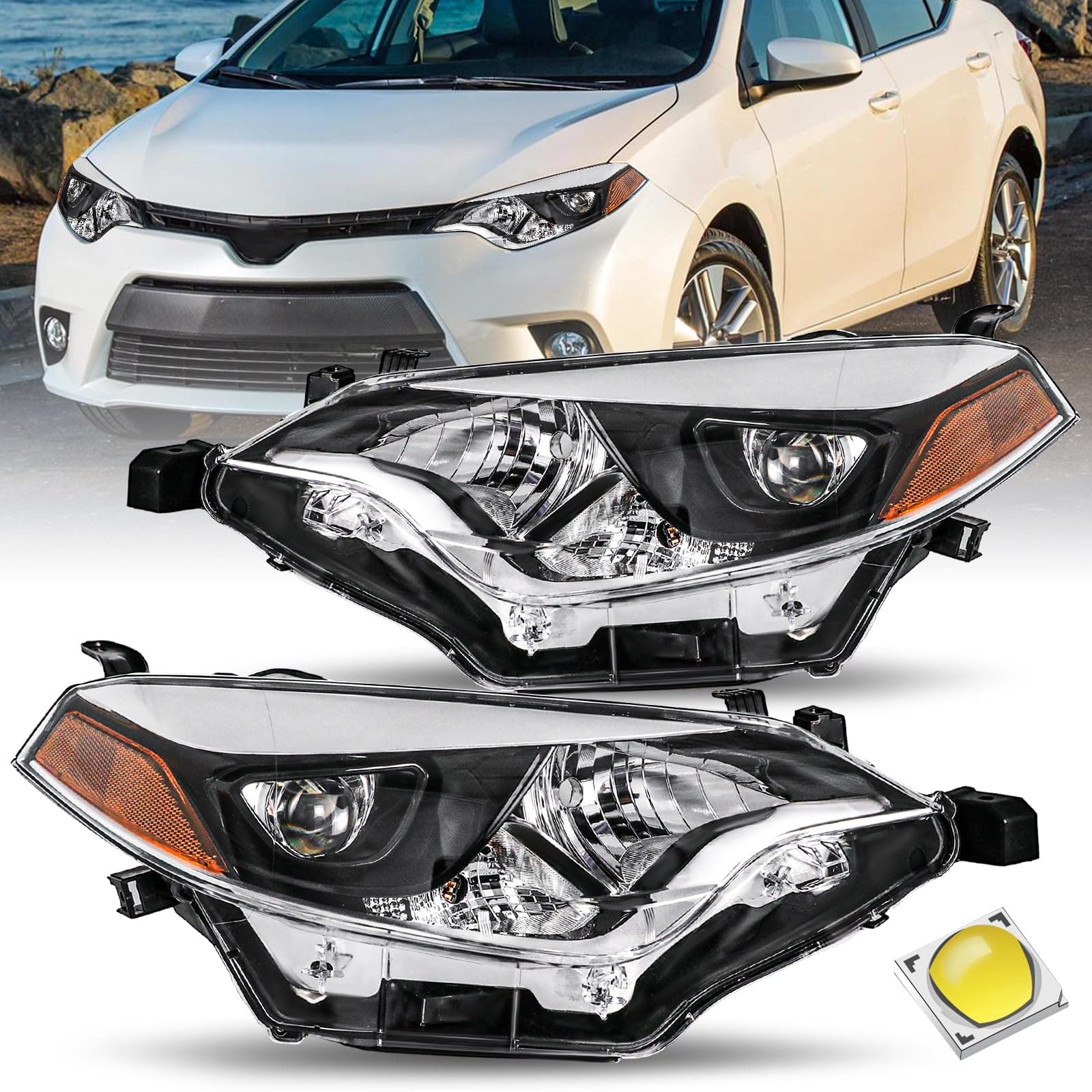 JSBOYAT Headlights Assembly Replacement for 2014 2015 2016 Toyota Corolla Base/CE/C/LE Eco/LE/L/S Plus/S/Special Edition Sedan 4-Door, 14 15 16 Corolla LED Headlamps Driver and Passenger Side