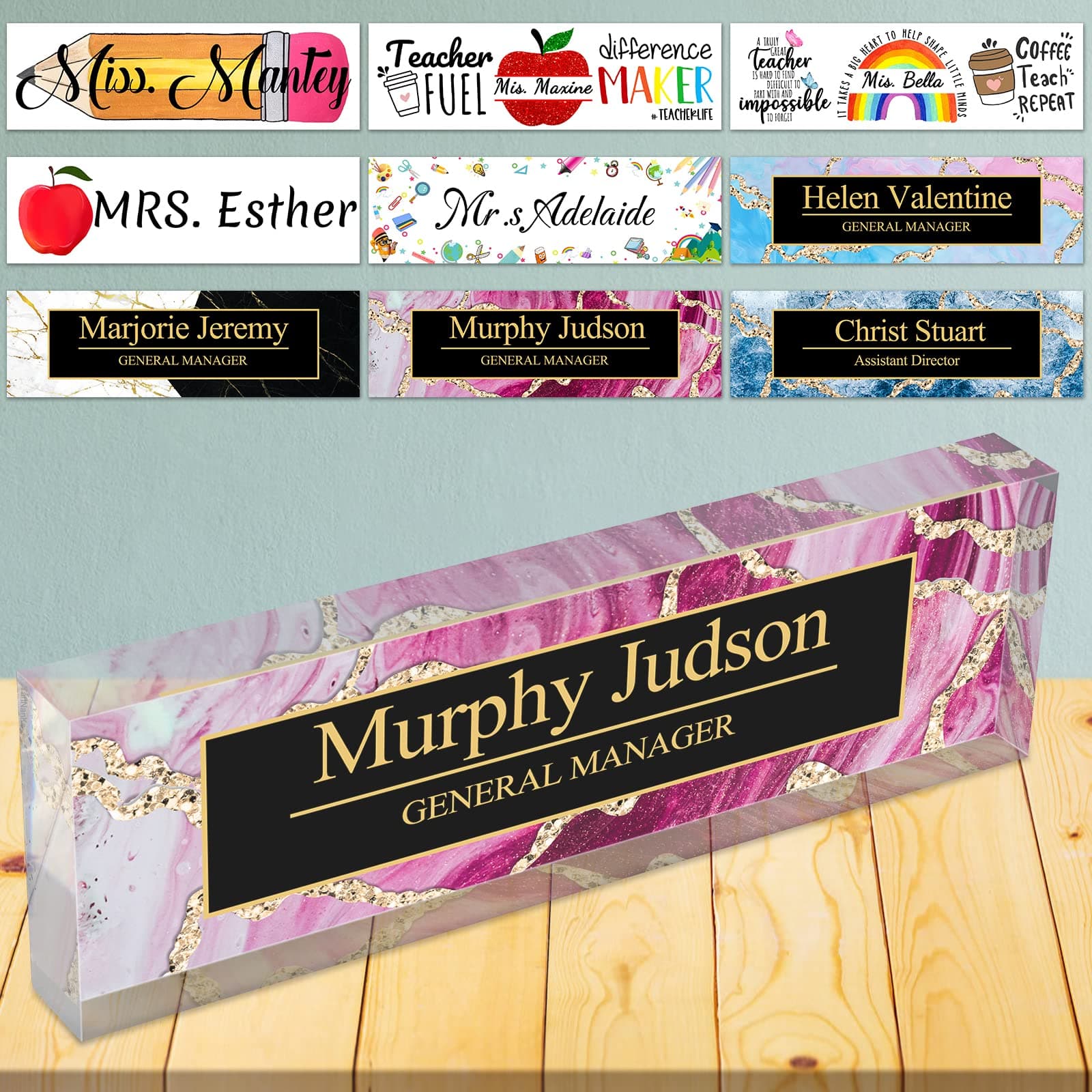 Desk Name Plates for Office Personalized Name Plaque for Desk Clear Acrylic Glass Office Desk Decor for Women or Men,8"x2.5"