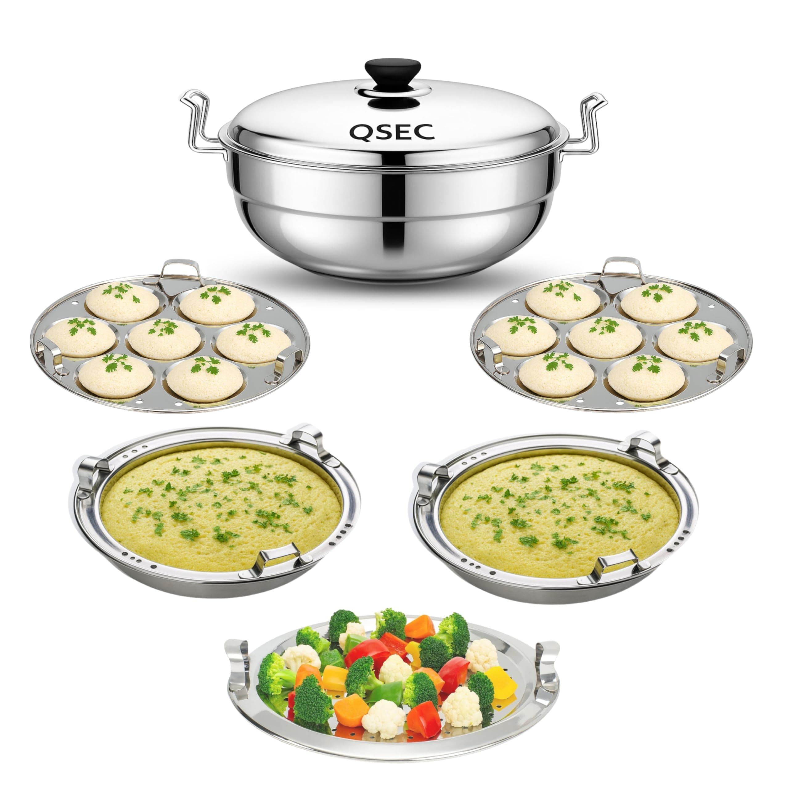 stainless steel Induction Bottom idli maker 28cm Multi Kadai idly Steamer dhokla cooker | 3 layer thick Base All-in-One Big Size with 5 Plate | 2 idli | 2 Dhokla | 1 Patra | Induction & Gas stove Compatible | Sandwich Bottom Multipurpose kadai