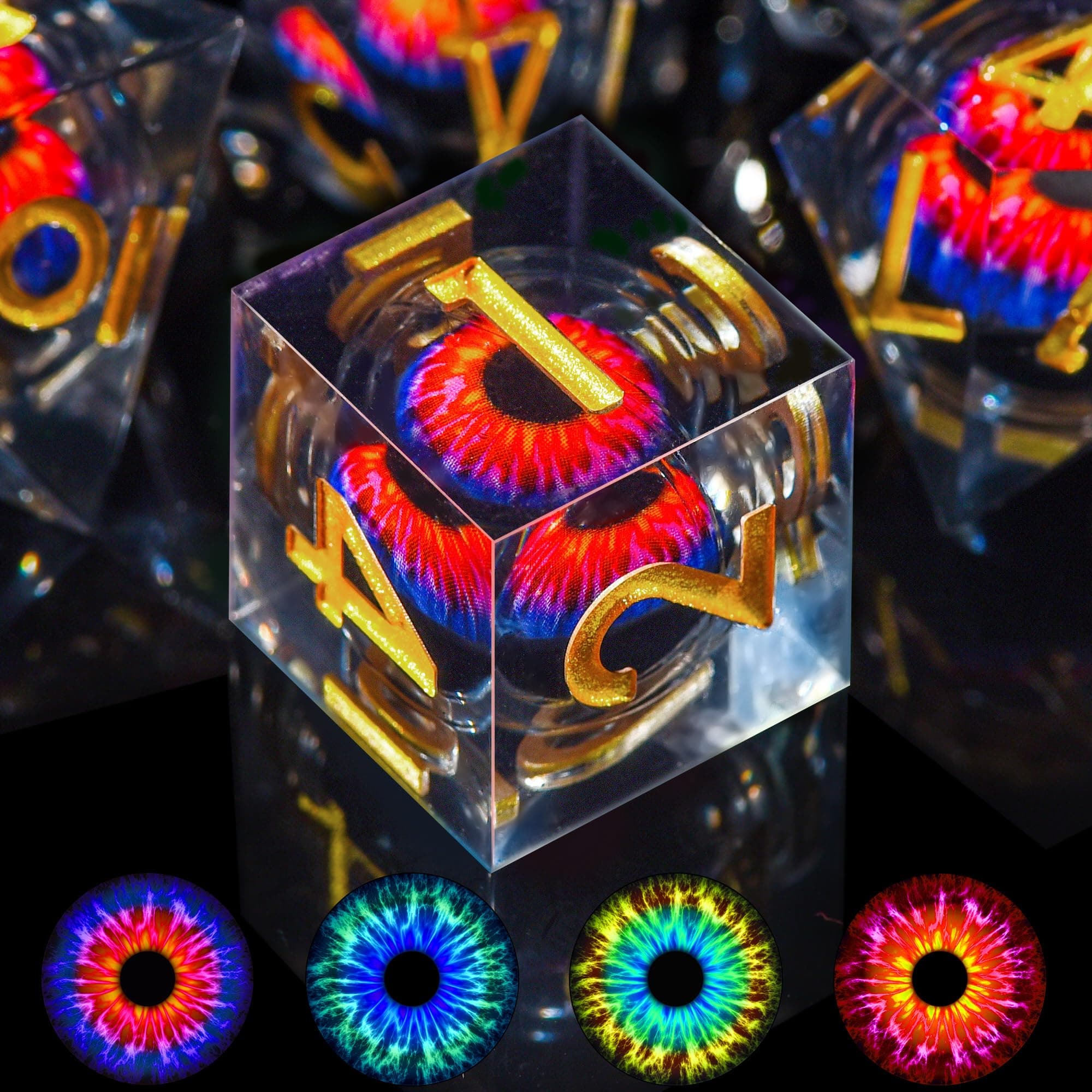 Austor Dragon Eye 7-Piece Liquid Core Dice Set - Blue & Violet Dragon Eye Dice, Sharp Edge Resin - D&D, RPG, D20, D12, D10, D8, D6, D4