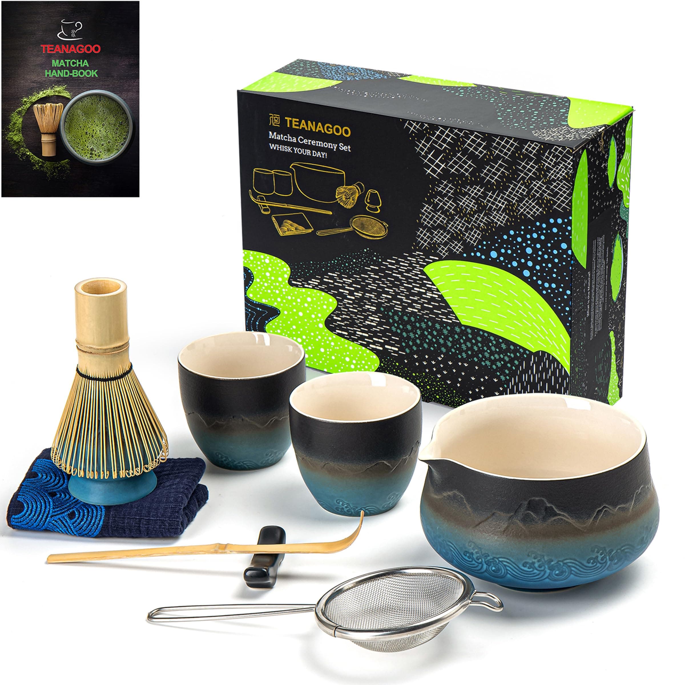 TEANAGOO Matcha Whisk Set 7pcs+2Cups(7.2oz),Matcha Kit for Ceremony,Matcha Tea Set for Making Breakfast,Whisk and Ceramic Bowl with Matcha Scoop&Sifter,Gift for Family/Friend