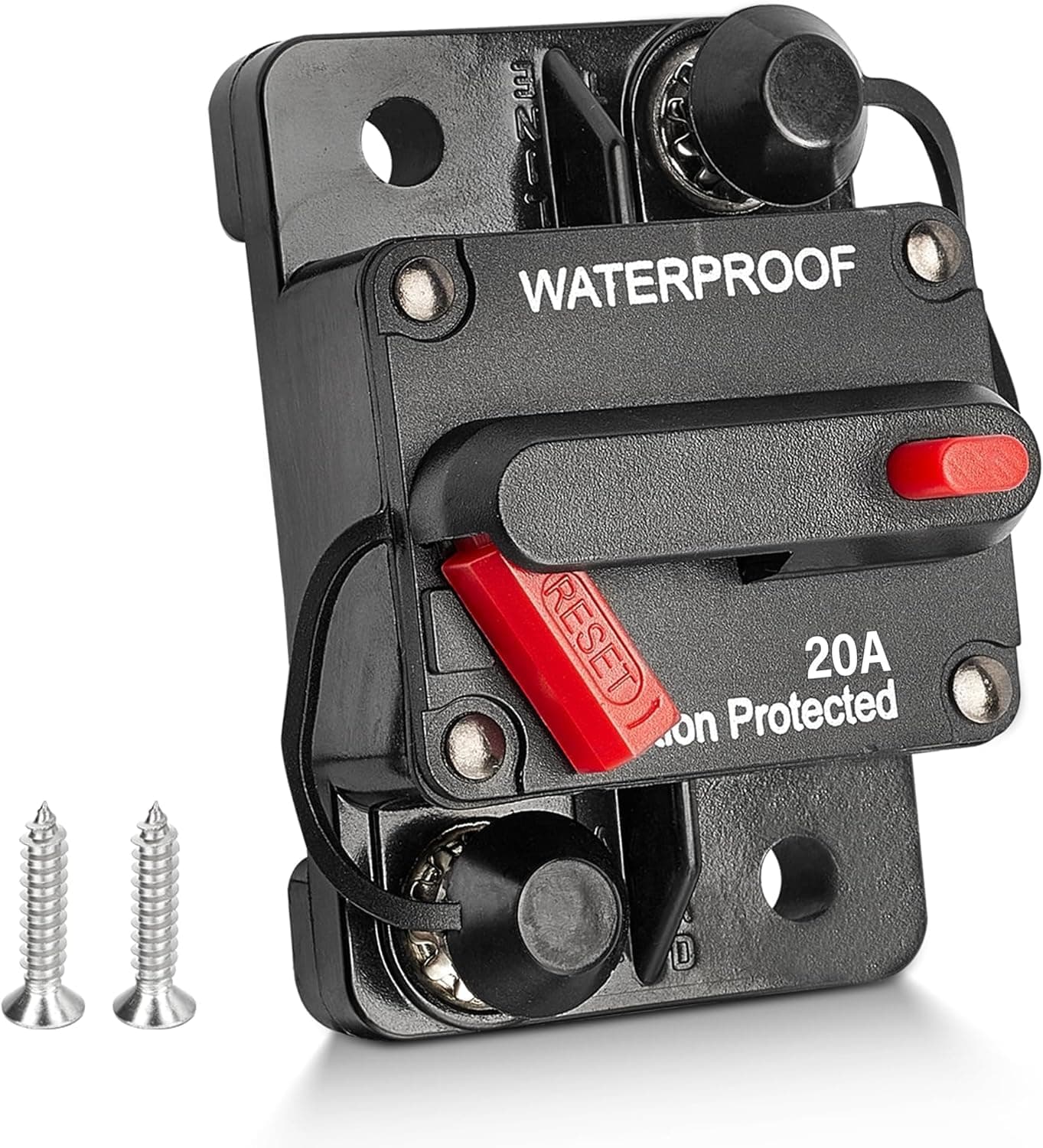 20A Circuit Breaker Holder W/Manual Reset Switch 12-48V DC for Boat Trolling Motor Marine ATV Trailer Vehicles Stereo Audio Electronic Battery Fuse Solar Power System, 20 Amp Screws